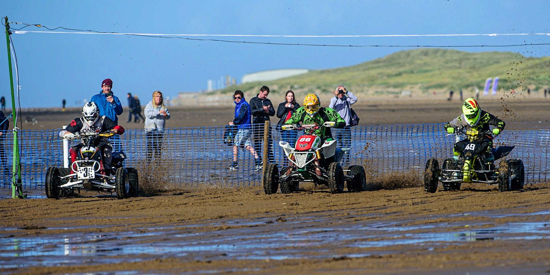 (l - r) Dean Morford (3) Andy Watson (86) and Liam Whetton (49) leave the start during the Fylde ACU British Sand Racing Masters Championship on  Sunday 2nd October 2022. (Credit: Ian Charles | MI News)