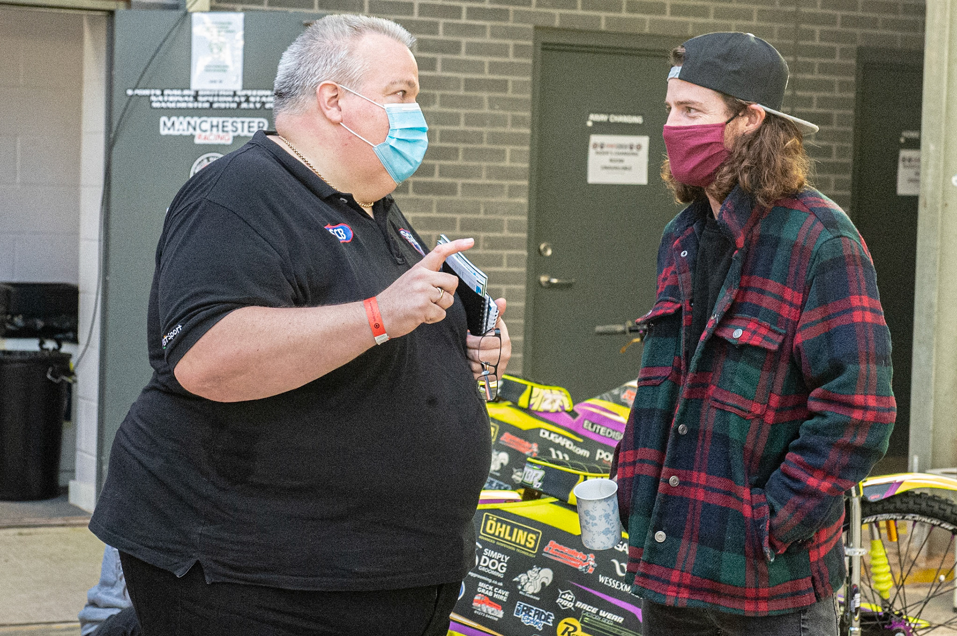 Photo: Ian CharlesReferee Graham Flint chats with Richard Lawson before the meetingSports Insure British Speedway Championship Final, National Speedway Stadium, Manchester Monday  28  September  2020