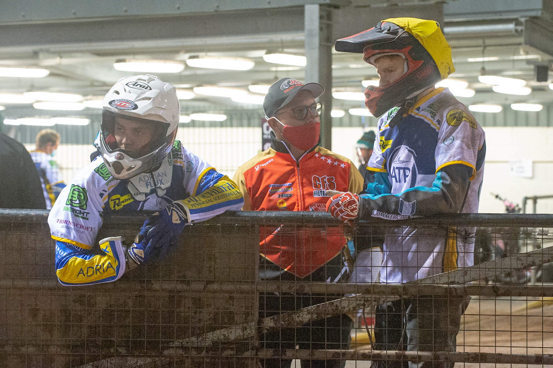 Photo: Ian CharlesLewis Kerr (left) watches the track grading whilst All Stars manager Alun Rossiter chats with Josh MacDonald (right)Belle Vue ‘Bikerite ’Aces v ‘ATPI’ All Stars, Premiership Challenge, National Speedway Stadium, Manchester Thursday  24  September  2020
