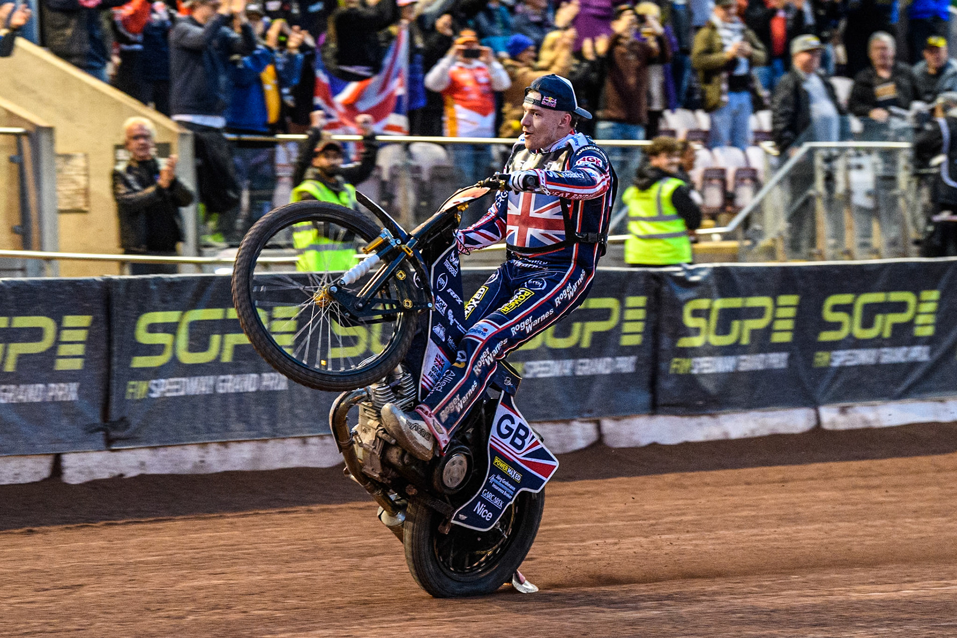 Robert Lambert of Great Britain celebrates with a wheelie during the Monster Energy FIM Speedway of Nation Final at the National Speedway Stadium, Manchester on Saturday 13th July 2024. (Photo: Ian Charles | MI News)