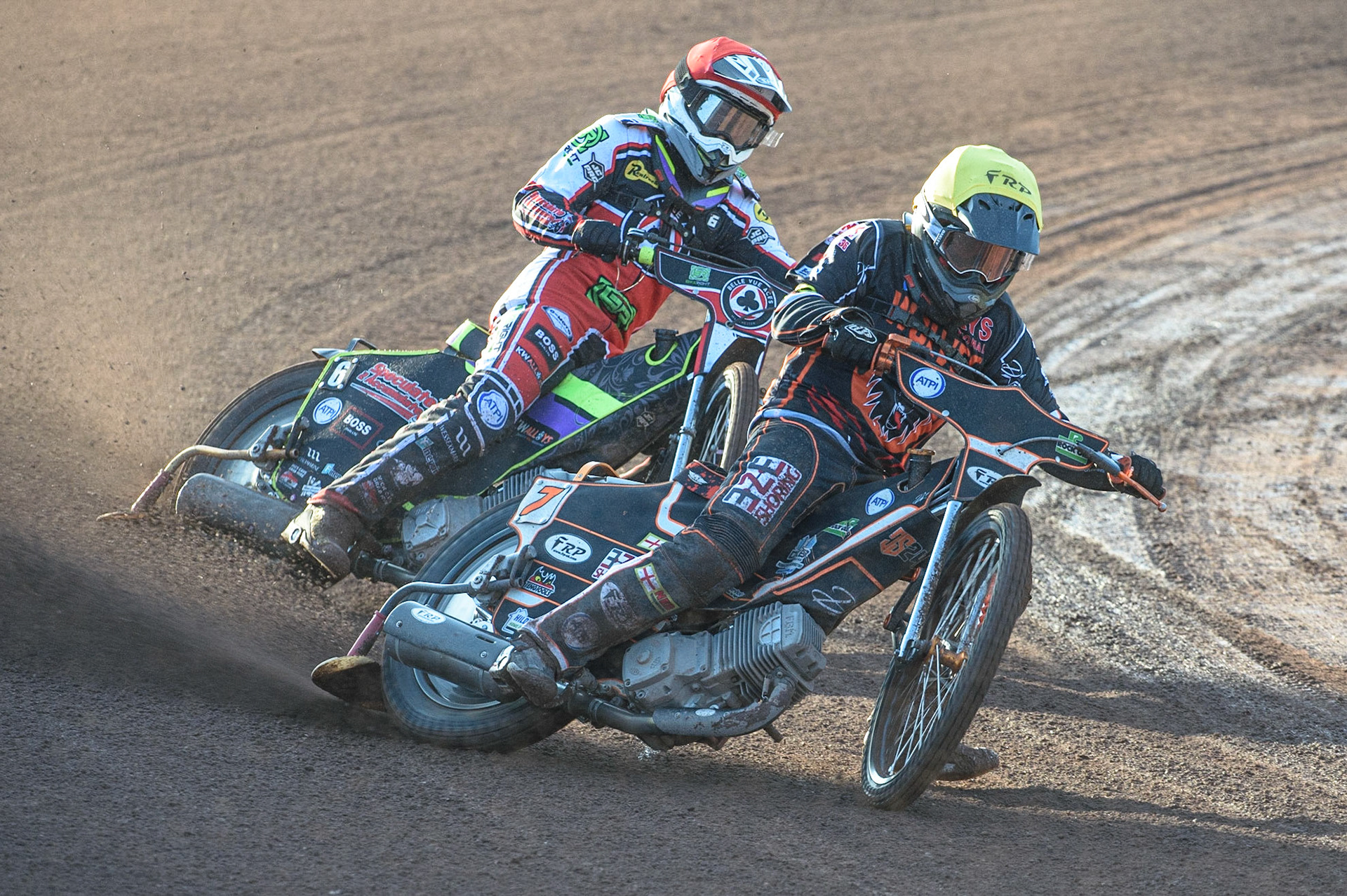 MANCHESTER, UK. JULY 15TH   Jack Smith (Yellow) leads Tom Brennan  (Red) during the SGB Premiership match between Belle Vue Aces and Wolverhampton Wolves at the National Speedway Stadium, Manchester on Thursday 15th July 2021. (Credit: Ian Charles | MI News)