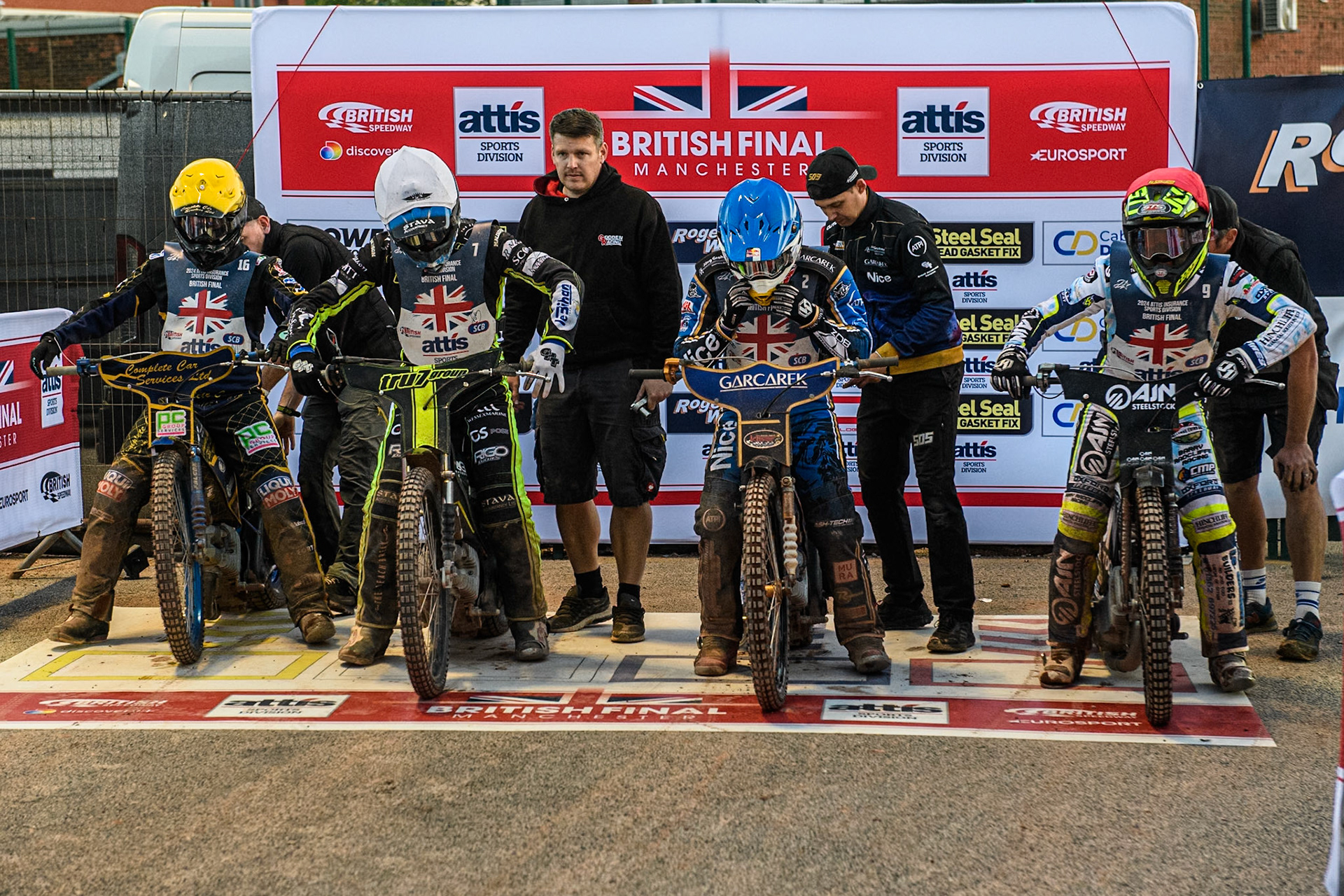 The riders in Heat 18 get ready to go out during the Attis Insurance Sports Division British Speedway Championship Final at the National Speedway Stadium, Manchester on Saturday 8th June 2024. (Photo: Ian Charles | MI News)