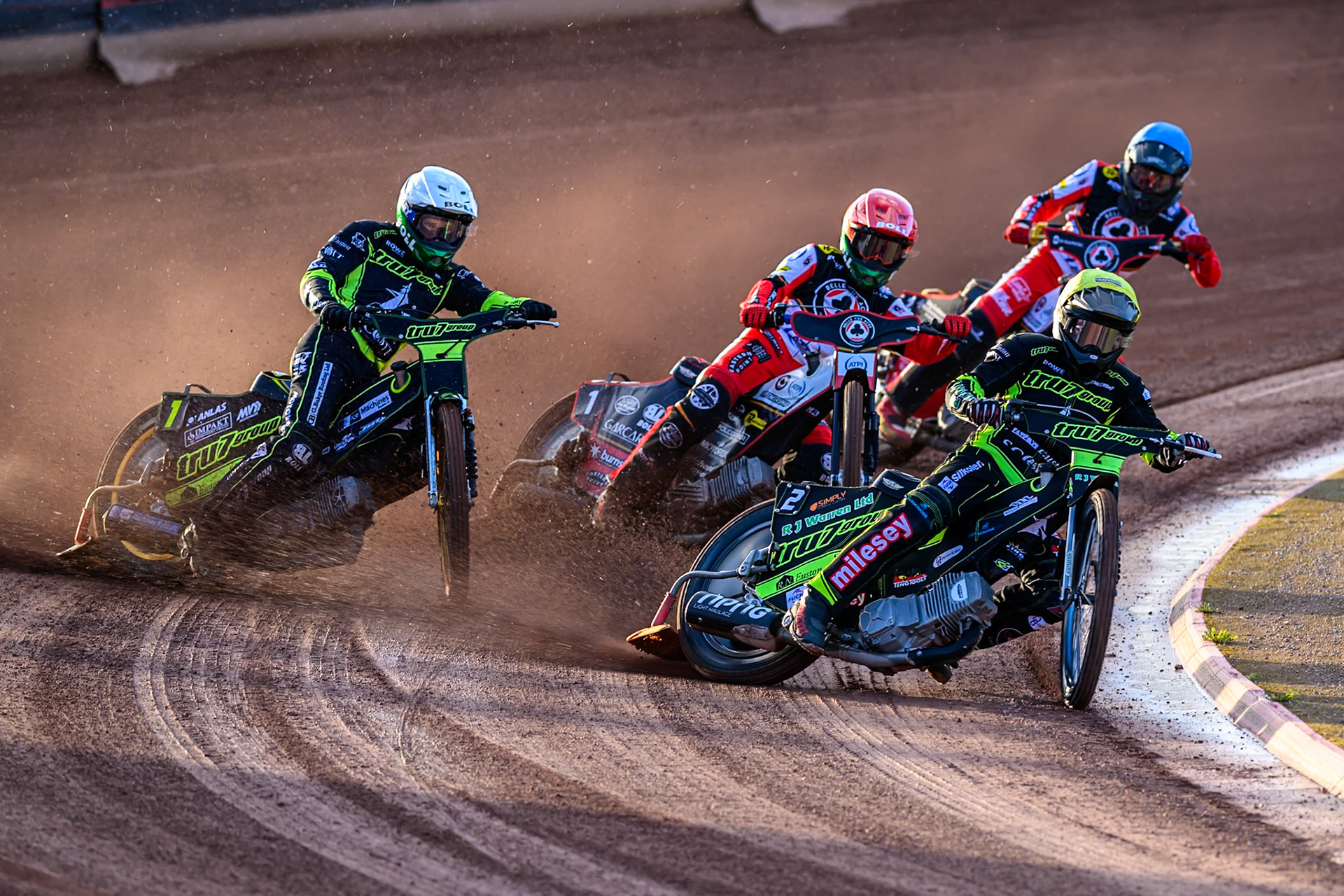 Danny King of Ipswich Witches  in Yellow leading Jason Doyle of Ipswich Witches  in White, Brady Kurtz of Belle Vue Aces  in Red and Norick Blödorn of Belle Vue Aces  in Blue during the Rowe Motor Oil Premiership match between Belle Vue Aces and Ipswich Witches at the National Speedway Stadium, Manchester on Monday 4th August 2025. (Photo: Ian Charles | MI News)