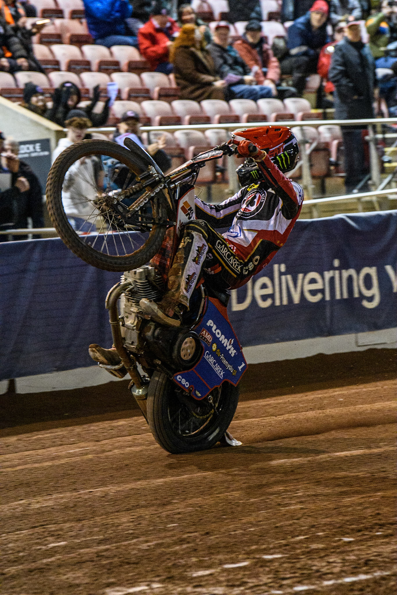 Dan Bewley  celebrates with a wheelie during the SGB Premiership match between Belle Vue Aces and Peterborough at the National Speedway Stadium, Manchester on Monday 24th April 2023. (Photo: Ian Charles | MI News)