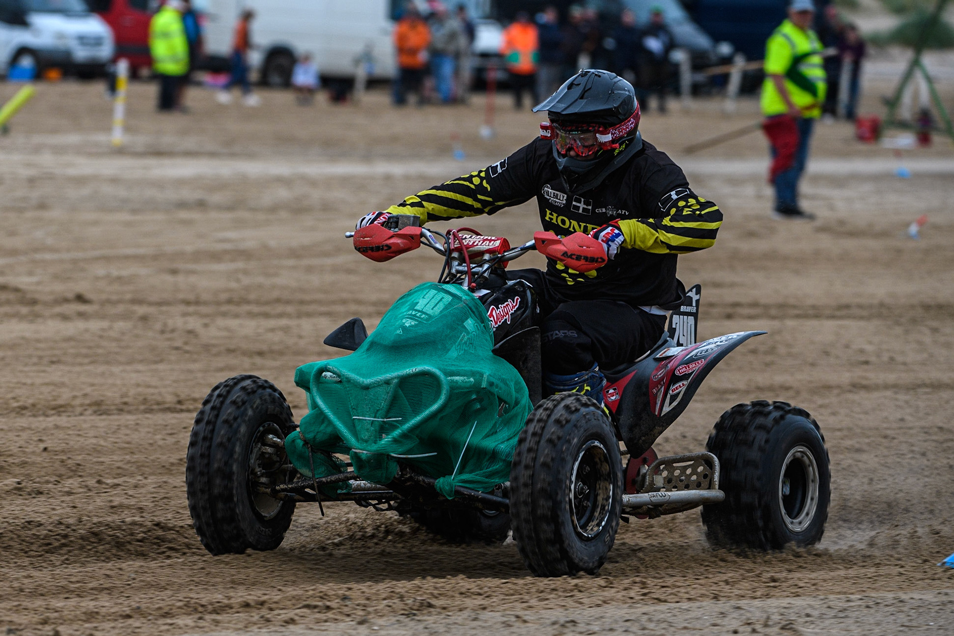 Dan Bray (240) on his way to winning the Quads Final during the Fylde ACU British Sand Racing Masters Championship at  St Annes on Sea, Lancashire on Sunday 30th July 2023. (Photo: Ian Charles | MI News)