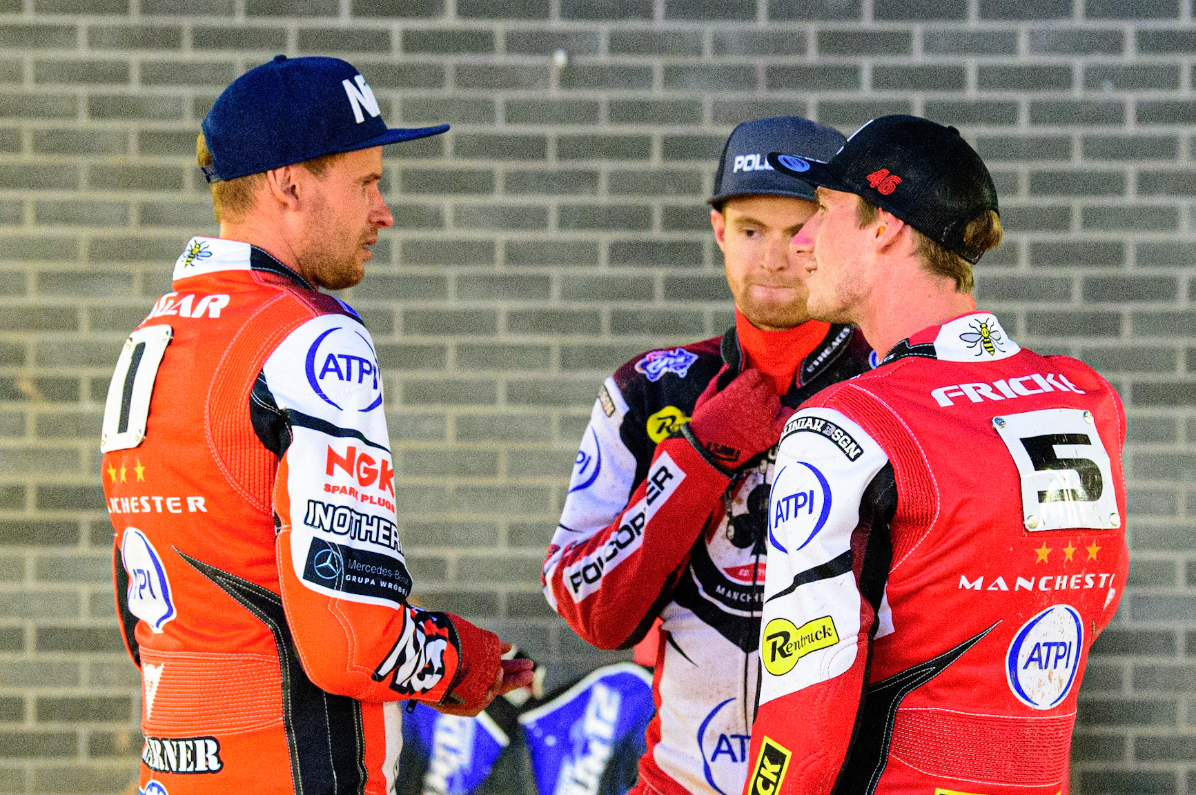 (l - r) Matej Zagar , Brady Kurtz  and Max Fricke  in conversation during the SGB Premiership match between Belle Vue Aces and Ipswich Witches at the National Speedway Stadium, Manchester on Monday 8th August 2022. (Credit: Ian Charles | MI News)