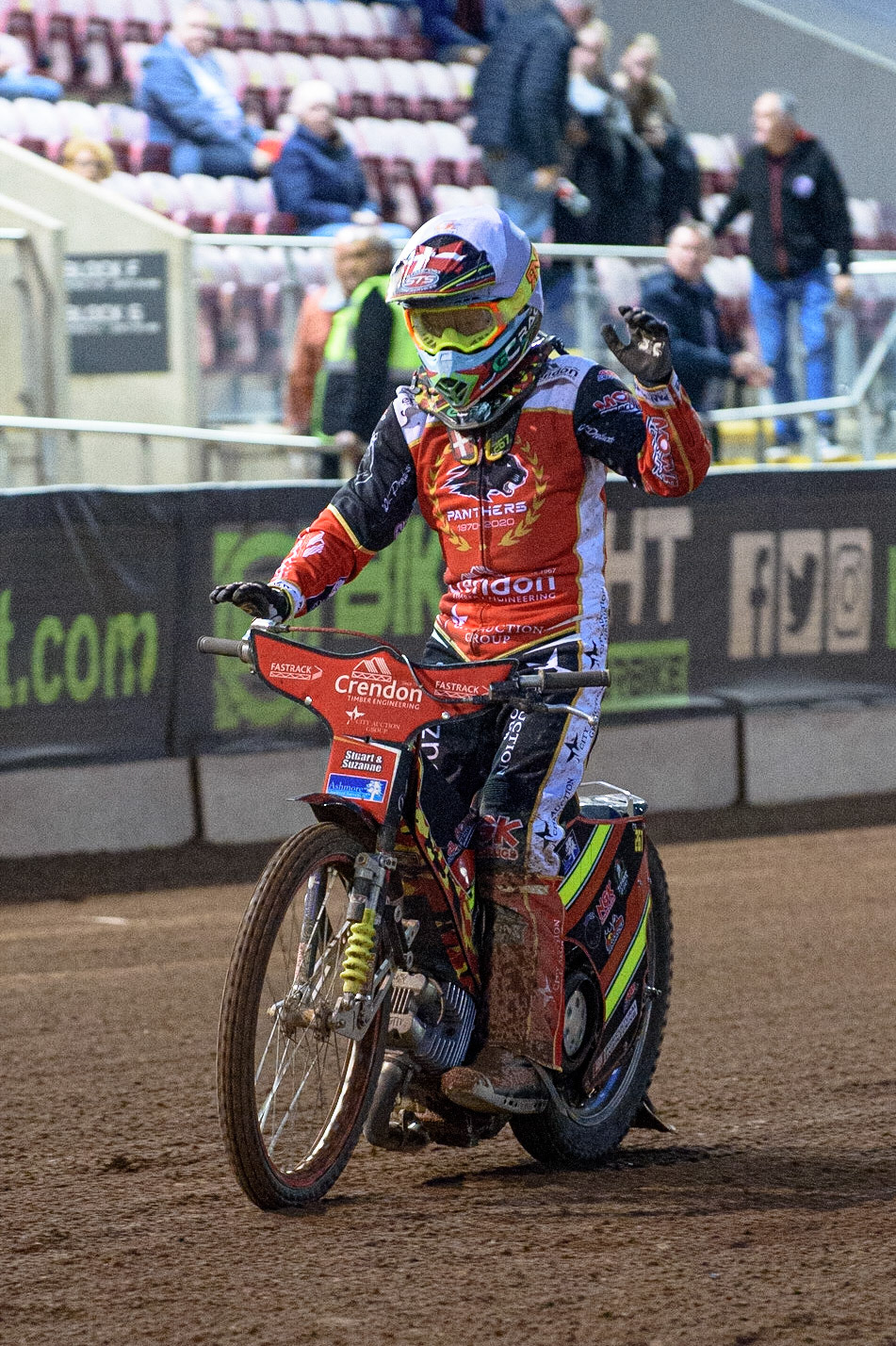 MANCHESTER, UK. AUG 9TH  Michael Palm Toft  acknowledges the crowd after Peterborough win at Belle Vue during the SGB Premiership match between Belle Vue Aces and Peterborough at the National Speedway Stadium, Manchester on Monday 9th August 2021. (Credit: Ian Charles | MI News)