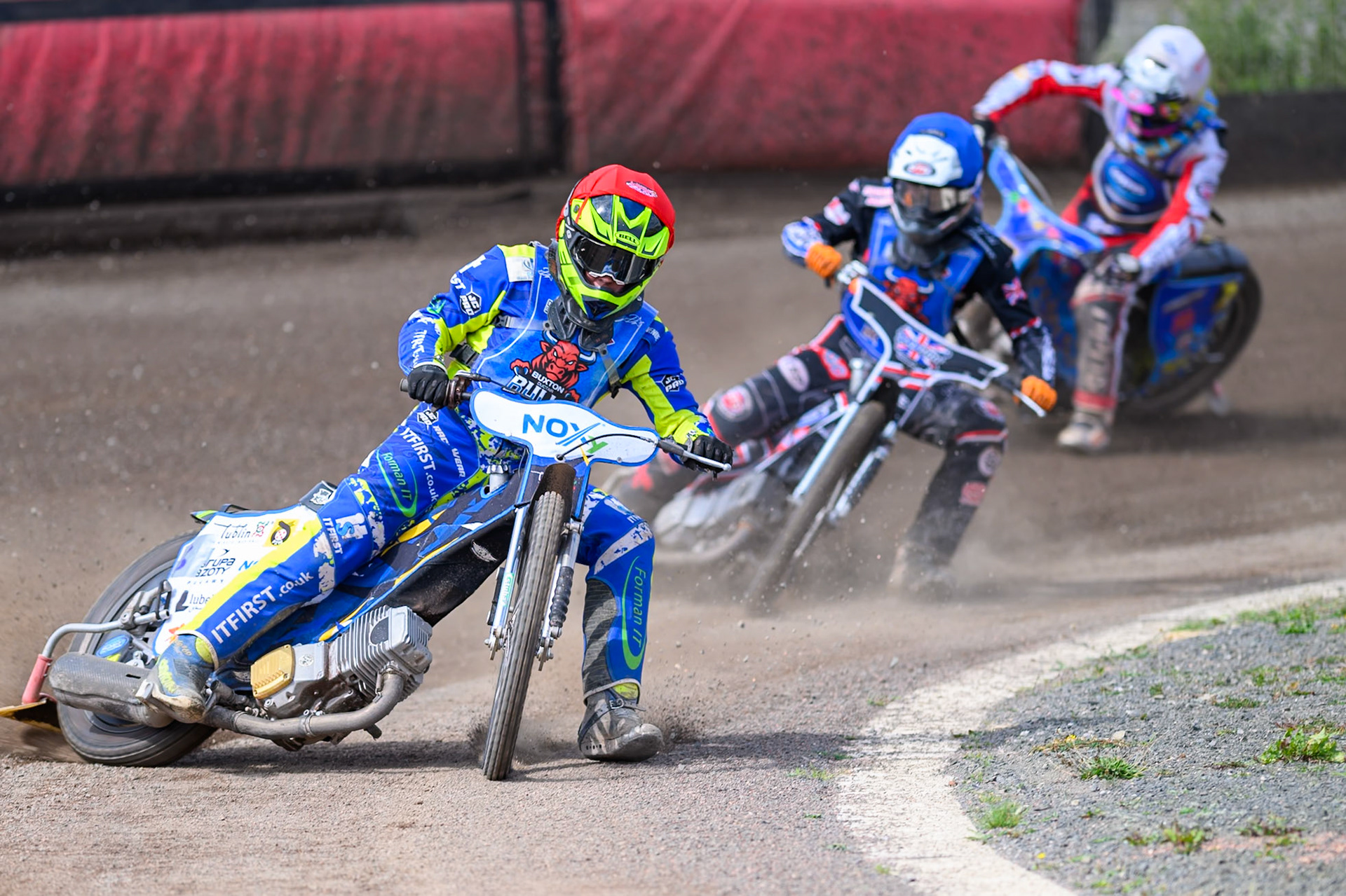 Will Boraston of Buxton Bulls in Red leading Jack Shimelt of Buxton Bulls  in Blue  and Stene Pijper, Guest Rider for Kings Lynn Young Stars  in White during the WSRA National Development League match between Buxton Bulls and King's Lynn Young Stars at Hi-Edge Speedway, Buxton on Sunday 9th August 2026. (Photo: Ian Charles | MI News)