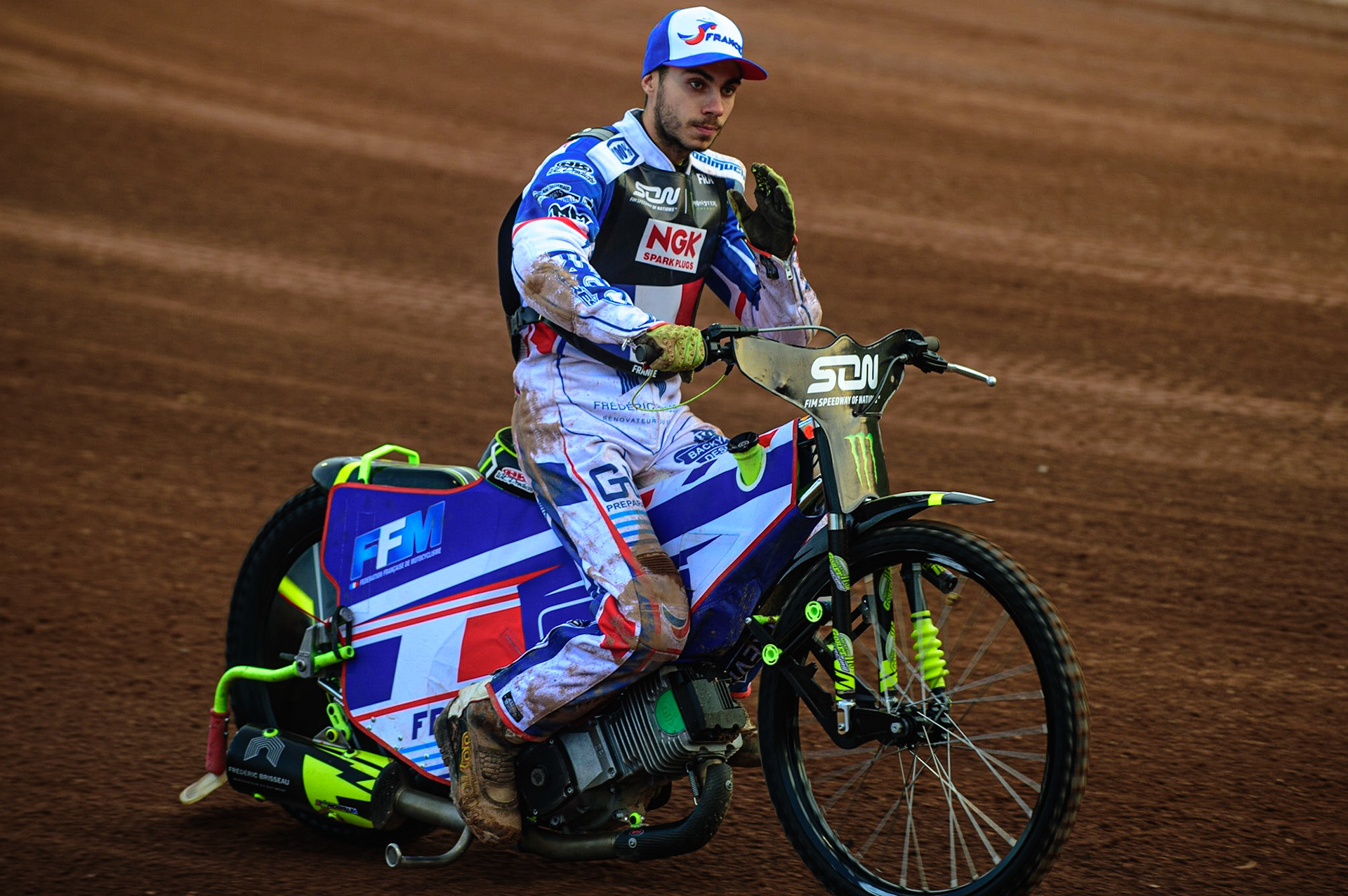 MANCHESTER, UK. OCT 16TH Steven Goret of France on the parade during the Monster Energy FIM Speedway of Nations at the National Speedway Stadium, Manchester on Saturday  16th October 2021. (Credit: Ian Charles | MI News)