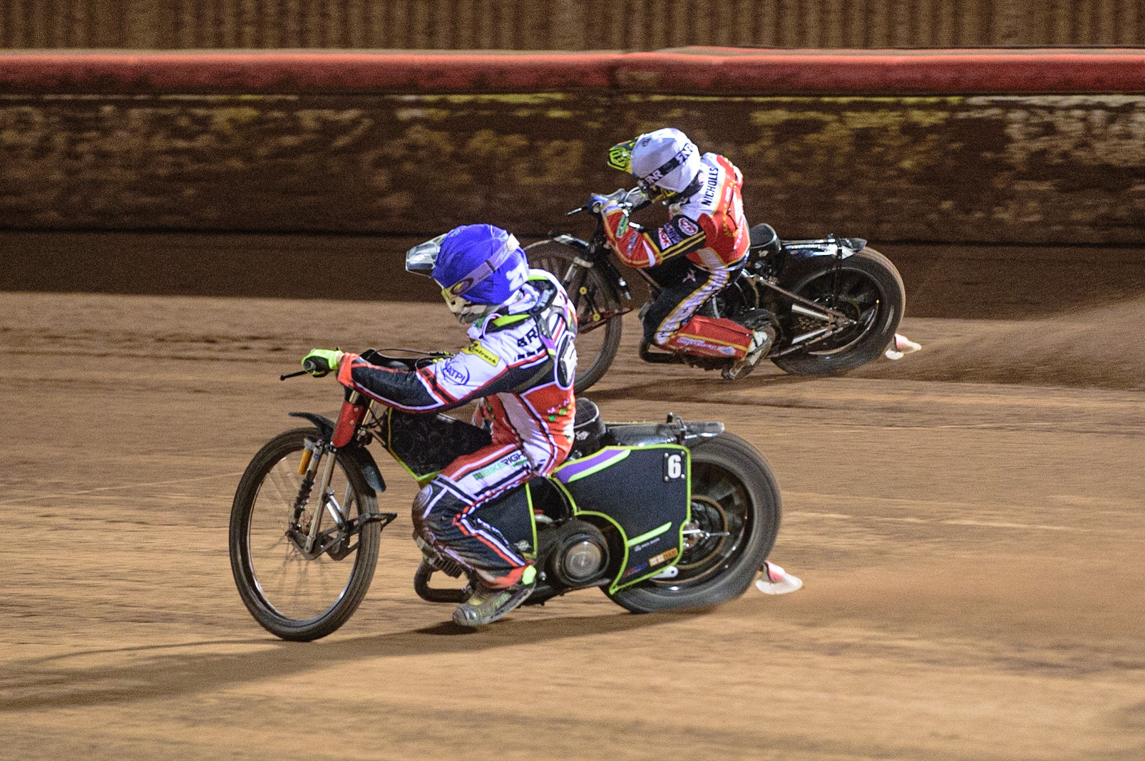 MANCHESTER, UK. OCT 11TH  Tom Brennan  (Blue) inside Scott Nicholls  (White) during the SGB Premiership Grand Final 1st Leg between Belle Vue Aces and Peterborough Panthers at the National Speedway Stadium, Manchester on Monday 11th October 2021. (Credit: Ian Charles | MI News)