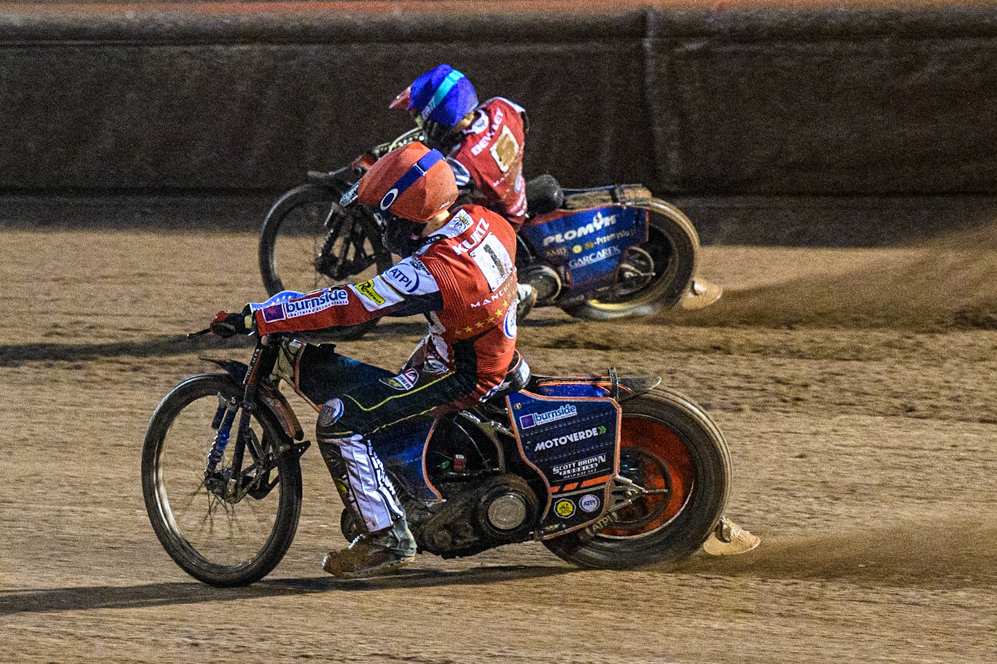 Brady Kurtz (Red) inside team mate Dan Bewley (Blue) during the Sports Insure Premiership match between Belle Vue Aces and King's Lynn Stars at the National Speedway Stadium, Manchester on Monday 21st August 2023. (Photo: Ian Charles | MI News)