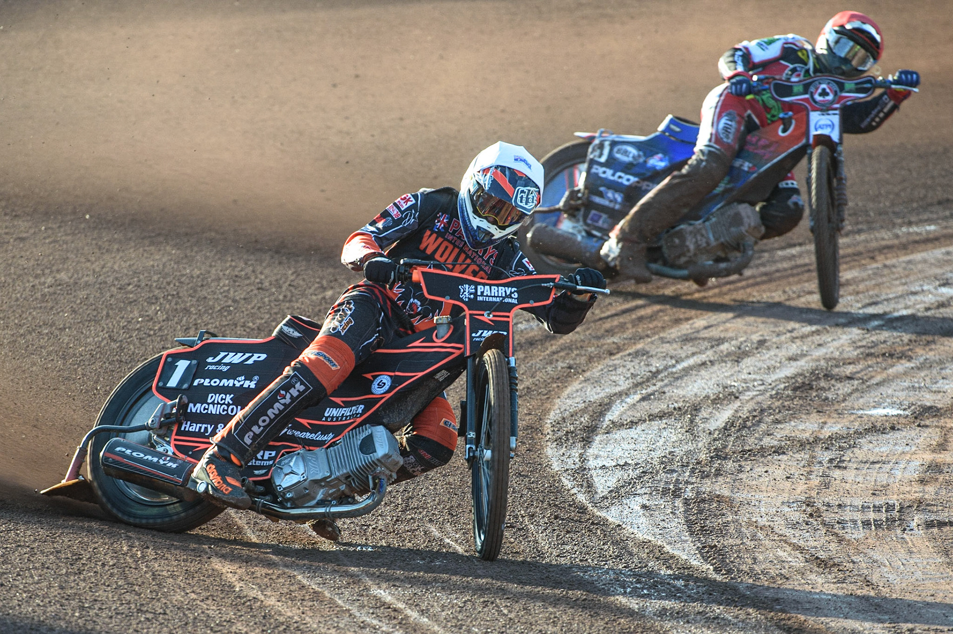 MANCHESTER, UK. JULY 15TH   Sam Masters (White) leads Brady Kurtz  (Red) during the SGB Premiership match between Belle Vue Aces and Wolverhampton Wolves at the National Speedway Stadium, Manchester on Thursday 15th July 2021. (Credit: Ian Charles | MI News)