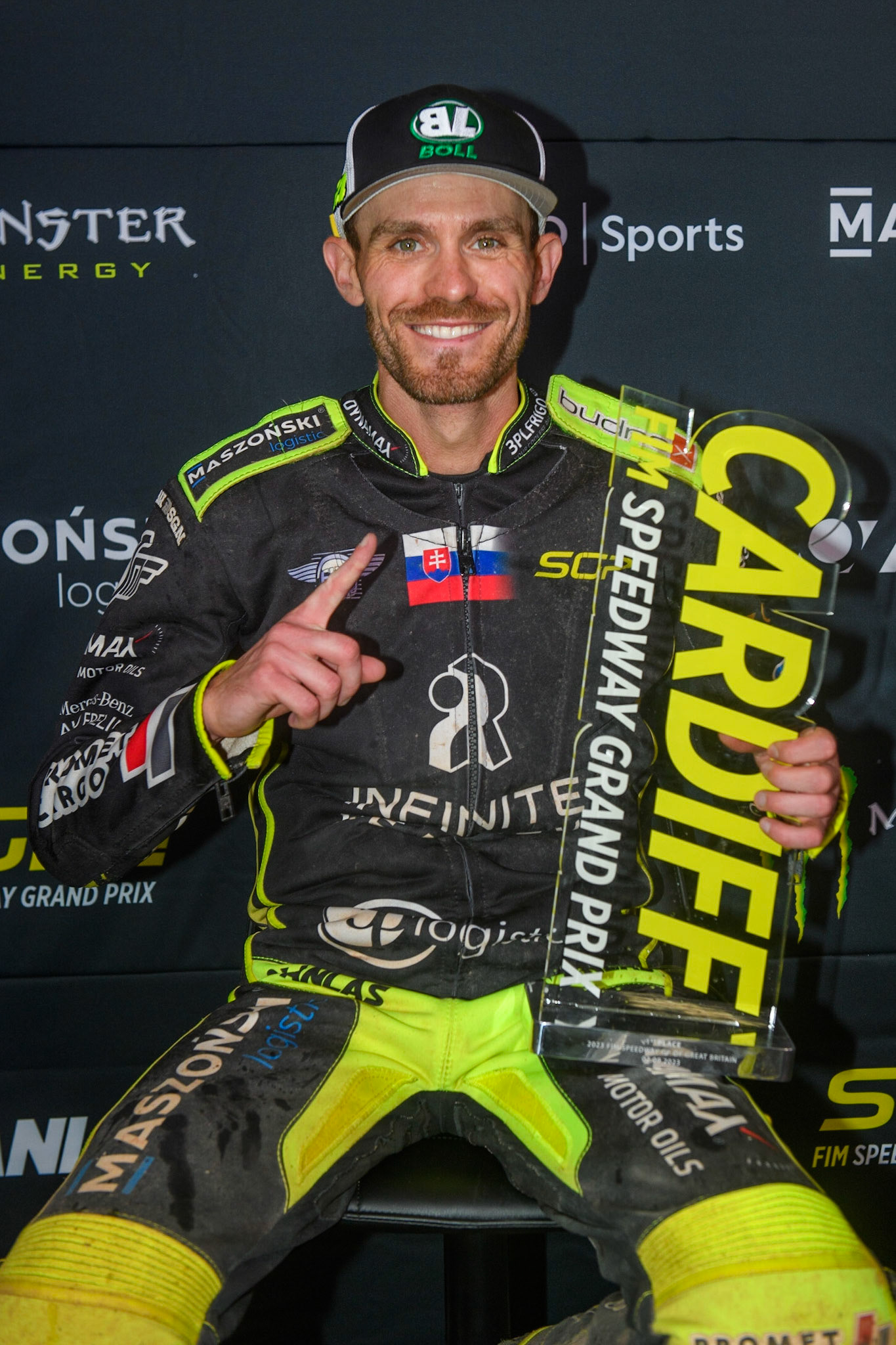 British Grand Prix Winner Martin Vaculik holds his trophy aloft during the FIM Speedway Grand Prix of Great Britain at the Principality Stadium, Cardiff on Saturday 2nd September 2023. (Photo: Ian Charles | MI News)