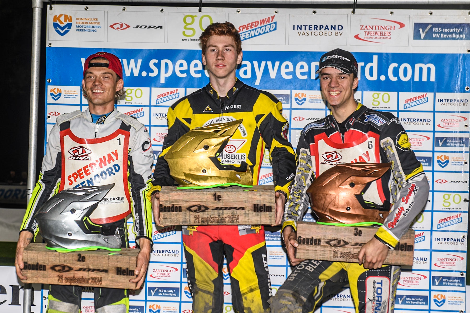 Golden Helmet Top3: (L to R) Lars Skupien of Poland (2nd), Damirs Filimonov of Latvia (Winner), Mika Meijer of The Netherlands (3rd) during the Golden JOPA Helmet at Sportpark Veenoord, Veenoord, Netherlands on Saturday 21st September 2024. (Photo: Ian Charles | MI News)