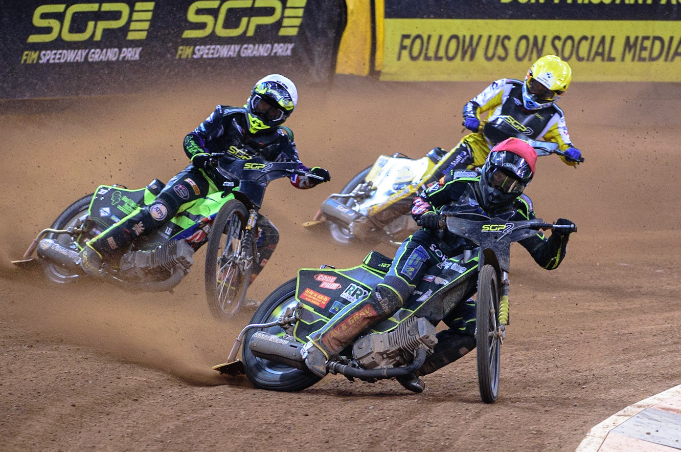 Gustav Grahn (Sweden)  (Red) leads Tom Brennan (Great Britain)  (White) and Wiktor Lampart (Poland) (Yellow) during the FIM  Speedway Grand Prix  2 of Great Britain at the Principality Stadium, Cardiff on Sunday 14th August 2022. (Credit: Ian Charles | MI News)