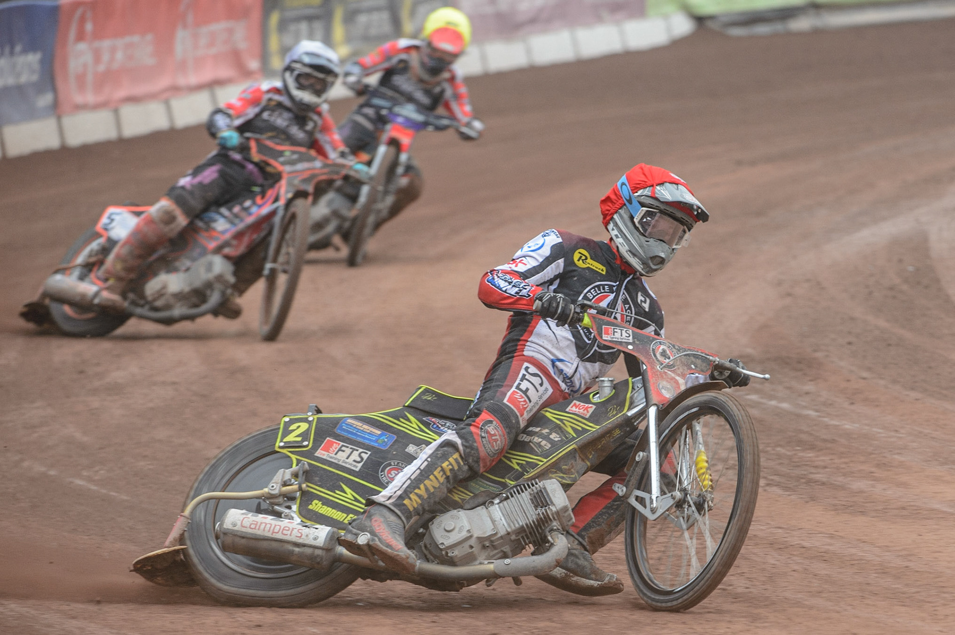 MANCHESTER, UK. MAY 2ND  Jye Etheridge   (Blue) leads Scott Nicholls  (White) and Jordan Palin  (Yellow) during the SGB Premiership match between Belle Vue Aces and Peterborough at the National Speedway Stadium, Manchester on Monday 2nd May 2022. (Credit: Ian Charles | MI News)