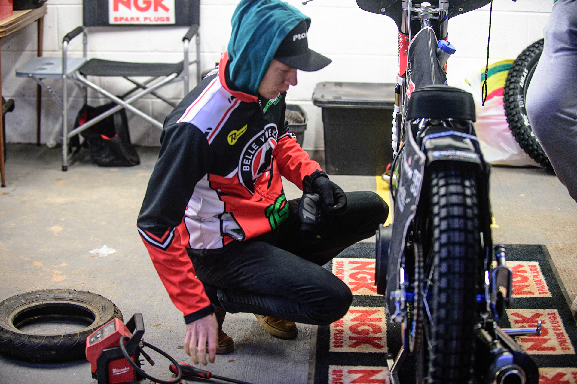 MANCHESTER, UK. OCT 11TH  Dan Bewley  about to work on his bike during the SGB Premiership Grand Final 1st Leg between Belle Vue Aces and Peterborough Panthers at the National Speedway Stadium, Manchester on Monday 11th October 2021. (Credit: Ian Charles | MI News)