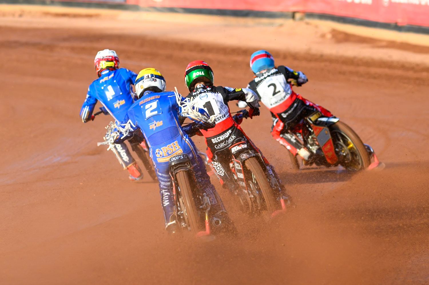 Cooper Rushen of Kings Lynn Stars in Yellow chases \Max Fricke of Kings Lynn Stars in White , Brady Kurtz of Belle Vue Aces in Red and Norick Blödorn of Belle Vue Aces in Blue during the Rowe Motor Oil Premiership match between Belle Vue Aces and King's Lynn Stars at the National Speedway Stadium, Manchester on Monday 10th August 2026. (Photo: Ian Charles | MI News)
