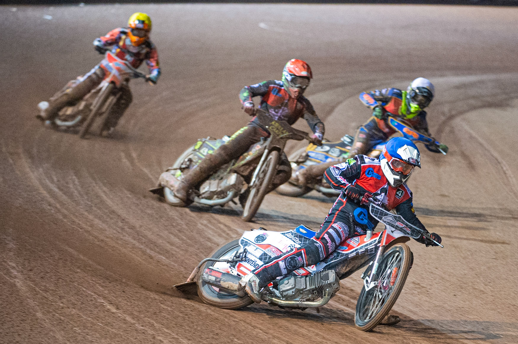 Photo: Ian Charles

Danny Phillips (Blue) leads Kyle Bickley  (Red) Anders Rowe (White) and Jordan Jenkins  (Yellow)

Belle Vue Colts v Kent Kings, SGB National League Play Offs, Semi Final 1st Leg, Belle Vue National Speedway Stadium, Manchester, Friday 4  October  2019