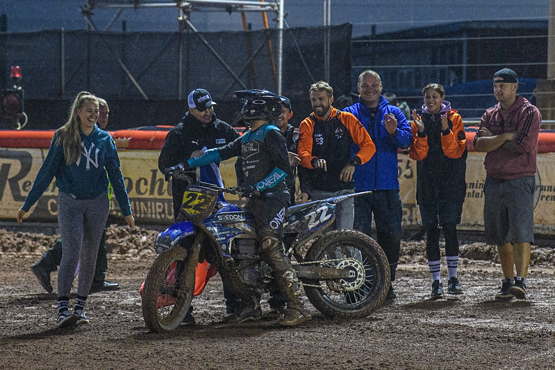 Ondřej Svědík (22) from Czech Rep. celebrates with his team during the FIM World Flat Track Championship Round 1 at the National Speedway Stadium, Manchester on Saturday 5th August 2023. (Photo: Ian Charles | MI News)