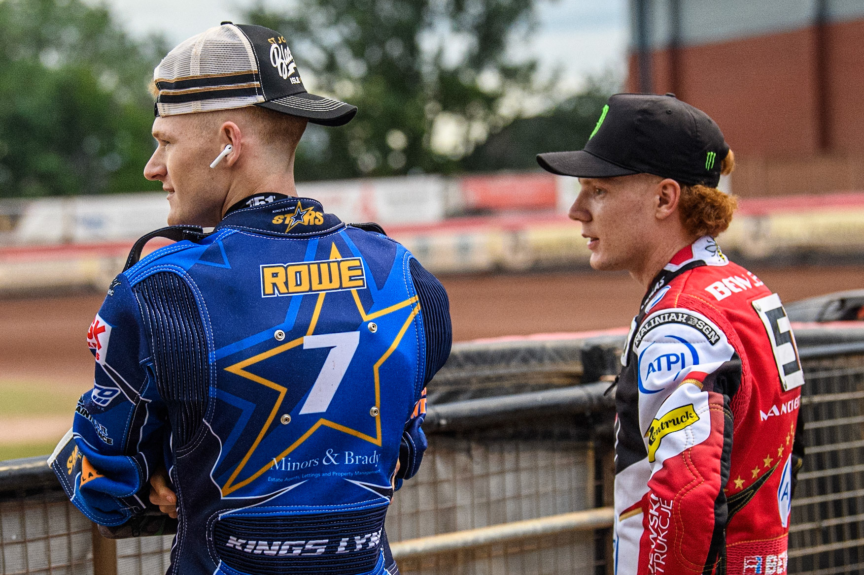 Anders Rowe (Left) and Dan Bewley watch the track prep during the Sports Insure Premiership match between Belle Vue Aces and King's Lynn Stars at the National Speedway Stadium, Manchester on Monday 21st August 2023. (Photo: Ian Charles | MI News)