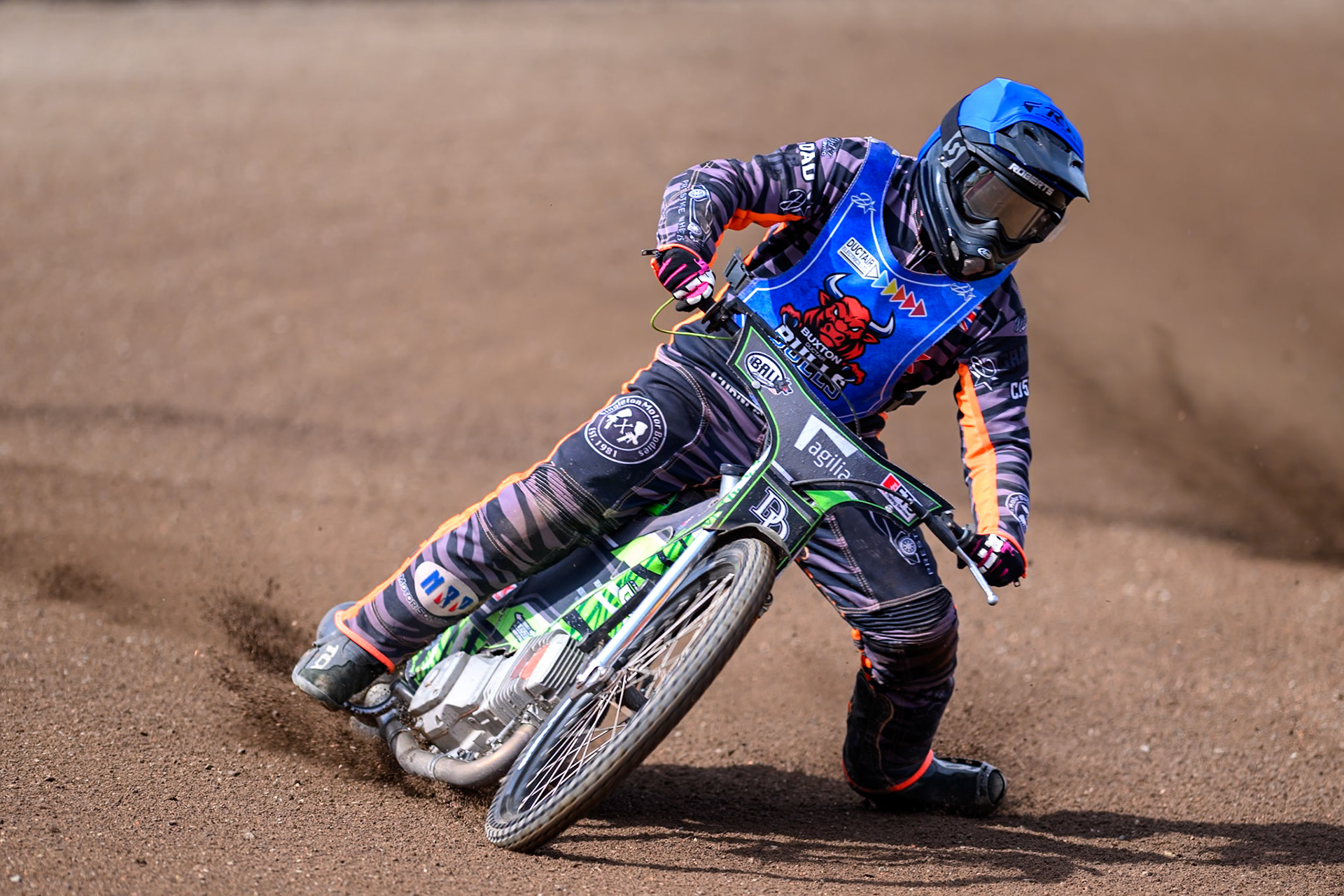 Jack Roberts of Buxton Bulls gets out of shape on the third and fourth turns during the WSRA National Development League match between Buxton Bulls and King's Lynn Young Stars at Hi-Edge Speedway, Buxton on Sunday 9th August 2026. (Photo: Ian Charles | MI News)