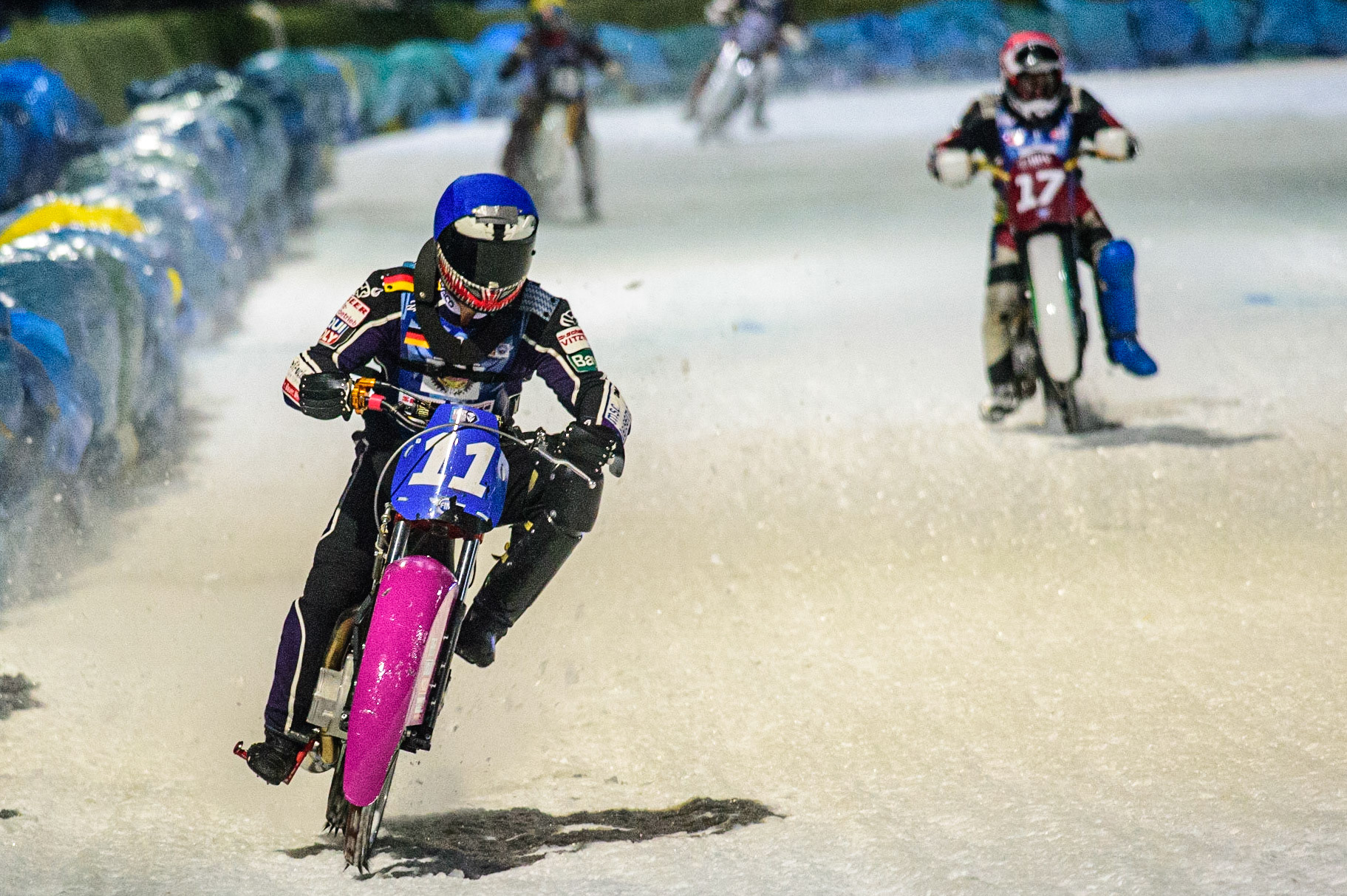 Benedikt Monn (Blue) leads Andrej Divis (Red) during the German Individual Ice Speedway Championship at Horst-Dohm-Eisstadion, Berlin on Friday 3rd March 2023. (Photo: Ian Charles | MI News)