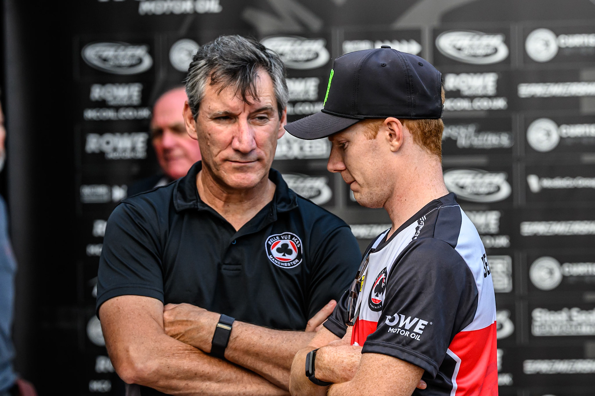 Belle Vue Aces' Team Manager Mark Lemon (Left) chats with Belle Vue Aces' Dan Bewley during the Rowe Motor Oil Premiership match between Birmingham Brummies and Belle Vue Aces at Perry Barr Stadium, Birmingham on Monday 28th July 2025. (Photo: Ian Charles | MI News)