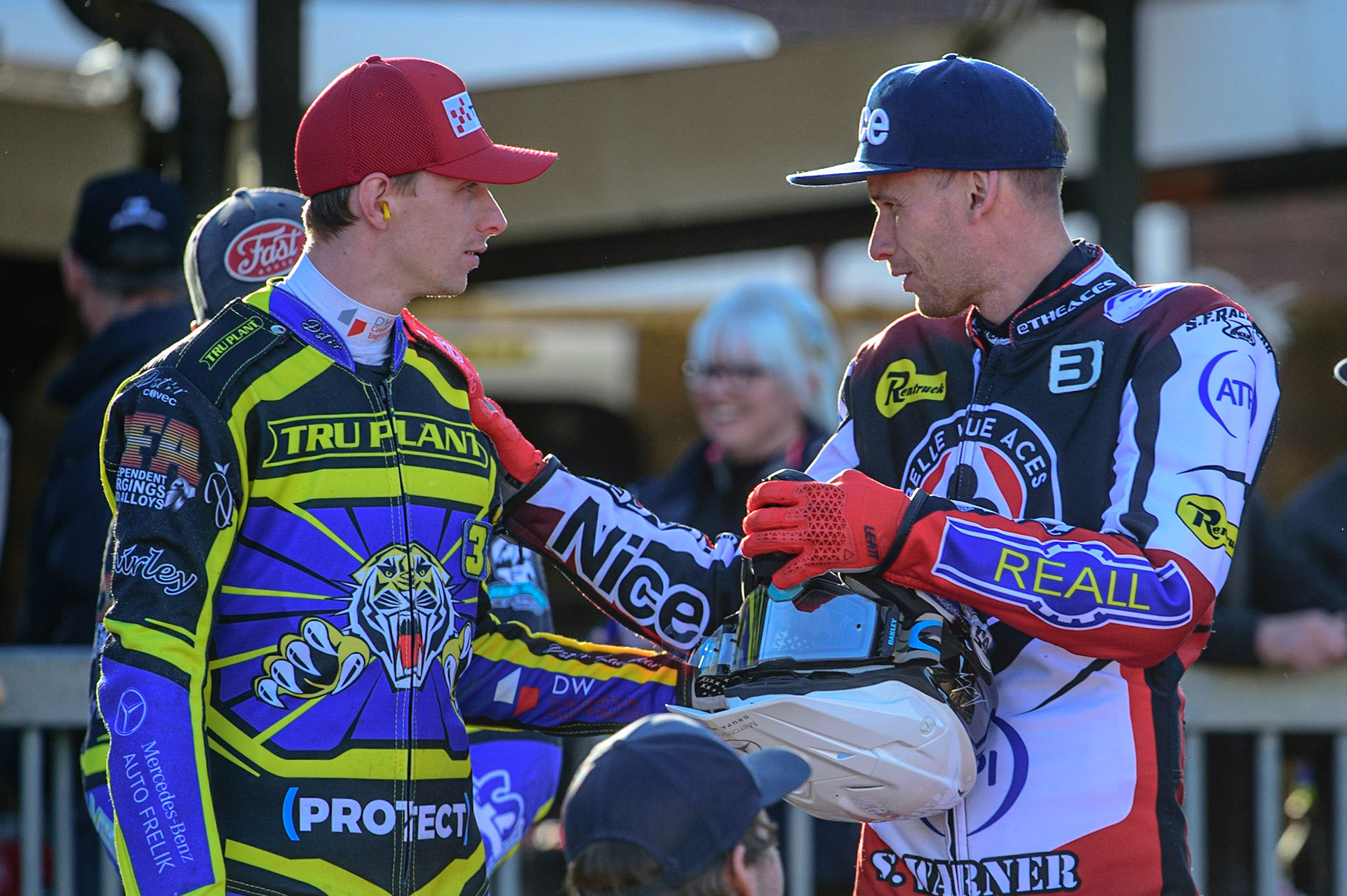 SHEFFIELD, UK. MAY 26TH  Tobiasz Musielak  (left) with Matej Žagar  during the SGB Premiership match between Sheffield Tigers and Belle Vue Aces at Owlerton Stadium, Sheffield on Thursday 26th May 2022. (Credit: Ian Charles | MI News)