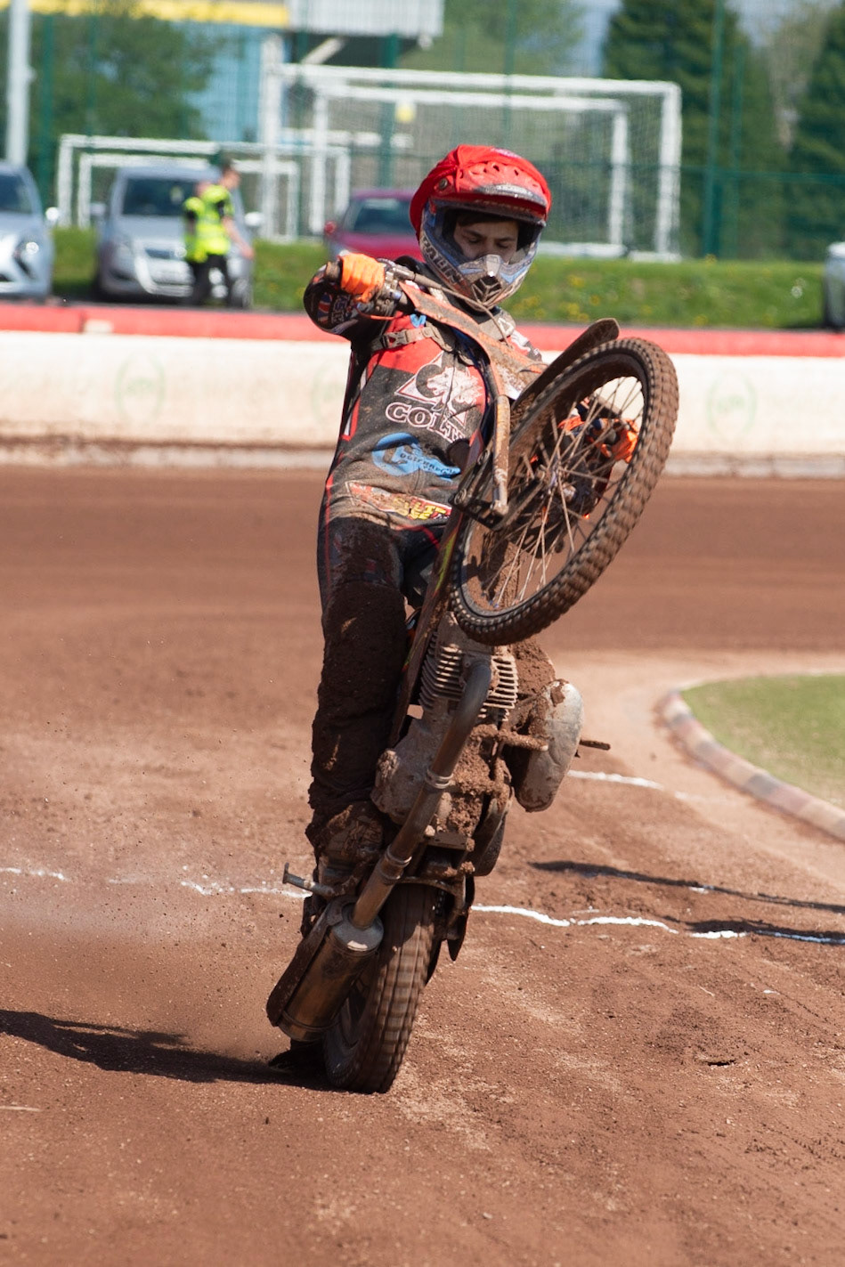 Photo: Ian Charles

Jordan Palin pulls wheelie 

Belle Vue Colts v Stoke Potters, National League, Belle Vue National Speedway Stadium, Manchester, Friday 19  April  2019