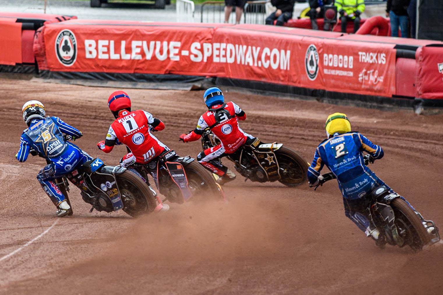 King Lynn Stars' Guest Richard Lawson in Yellow chases King Lynn Stars' Nicolai Klindt in White, Belle Vue Aces' Brady Kurtz in Red and Belle Vue Aces' Norick Blodorn in Blue during the Rowe Motor Oil Premiership match between Belle Vue Aces and King's Lynn Stars at the National Speedway Stadium, Manchester on Monday 20th May 2024. (Photo: Ian Charles | MI News)
