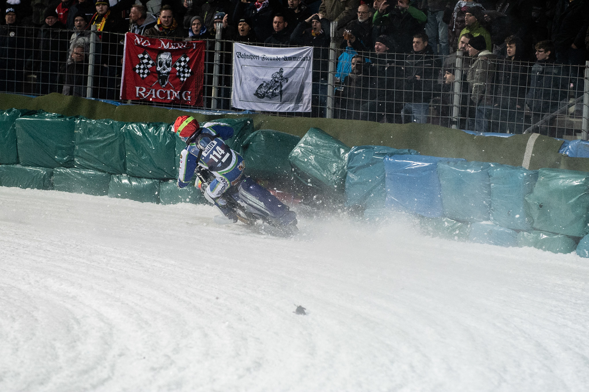 Photo: Ian Charles

Stefan Svensson (58) hits a rut inside Andrei Shishegov (181) and Dinar Valeev (114) causing Shishegov to fall

FIM Ice Speedway Gladiators World Championship, Final 3.1, Horst-Dohm Eisstadion, Berlin, Germany Saturday  2  March  2019