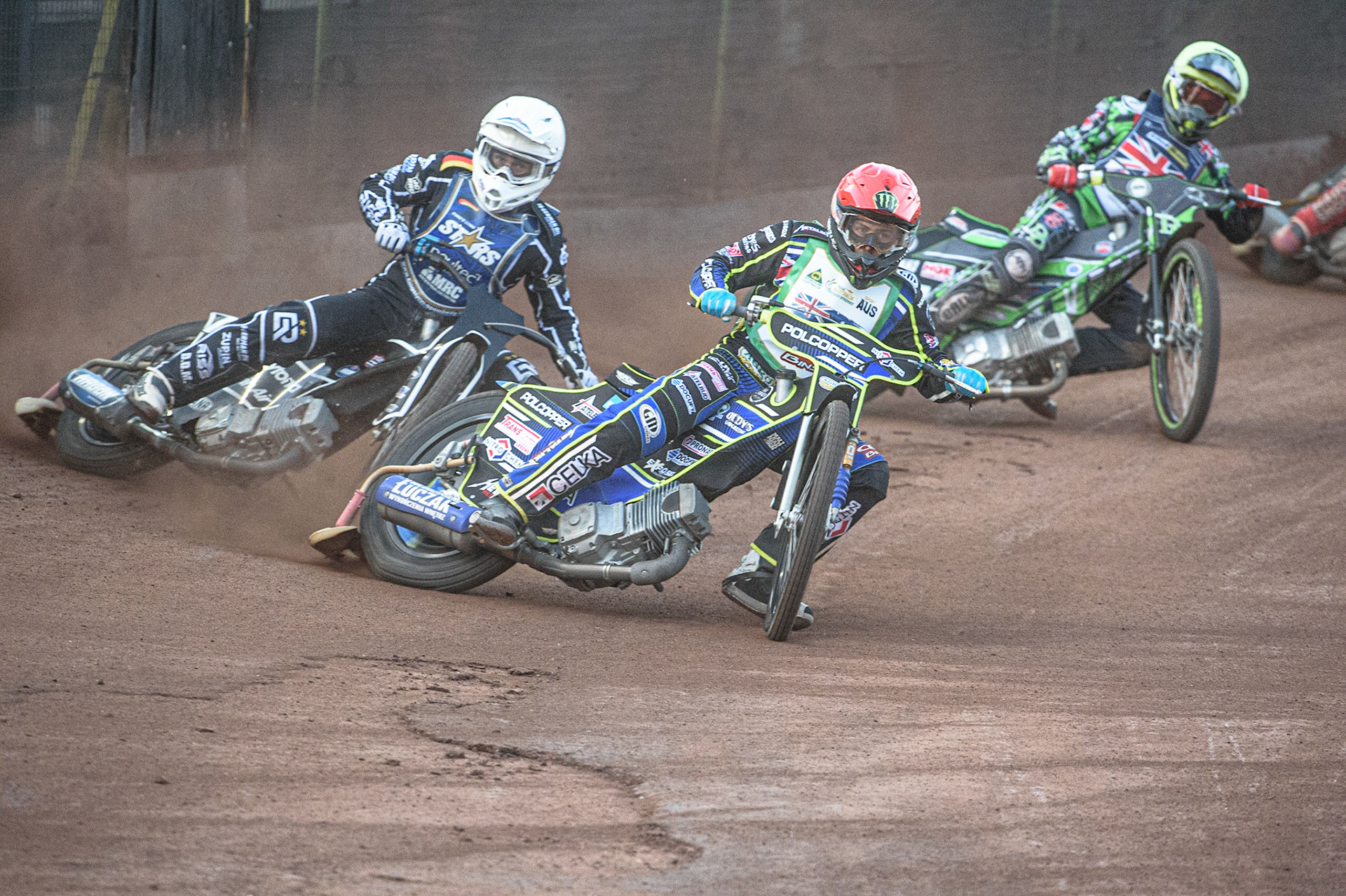 GLASGOW, UK. JUNE 19TH.  Jaimon Lidsey (Australia) (Red) leads Erik Riss (Germany) (White) and Charles Wright (Great Britain) (Yellow) during the FIM Speedway Grand Prix Qualifying Round at the Peugeot Ashfield Stadium, Glasgow on Saturday 19th June 2021. (Credit: Ian Charles | MI News)
