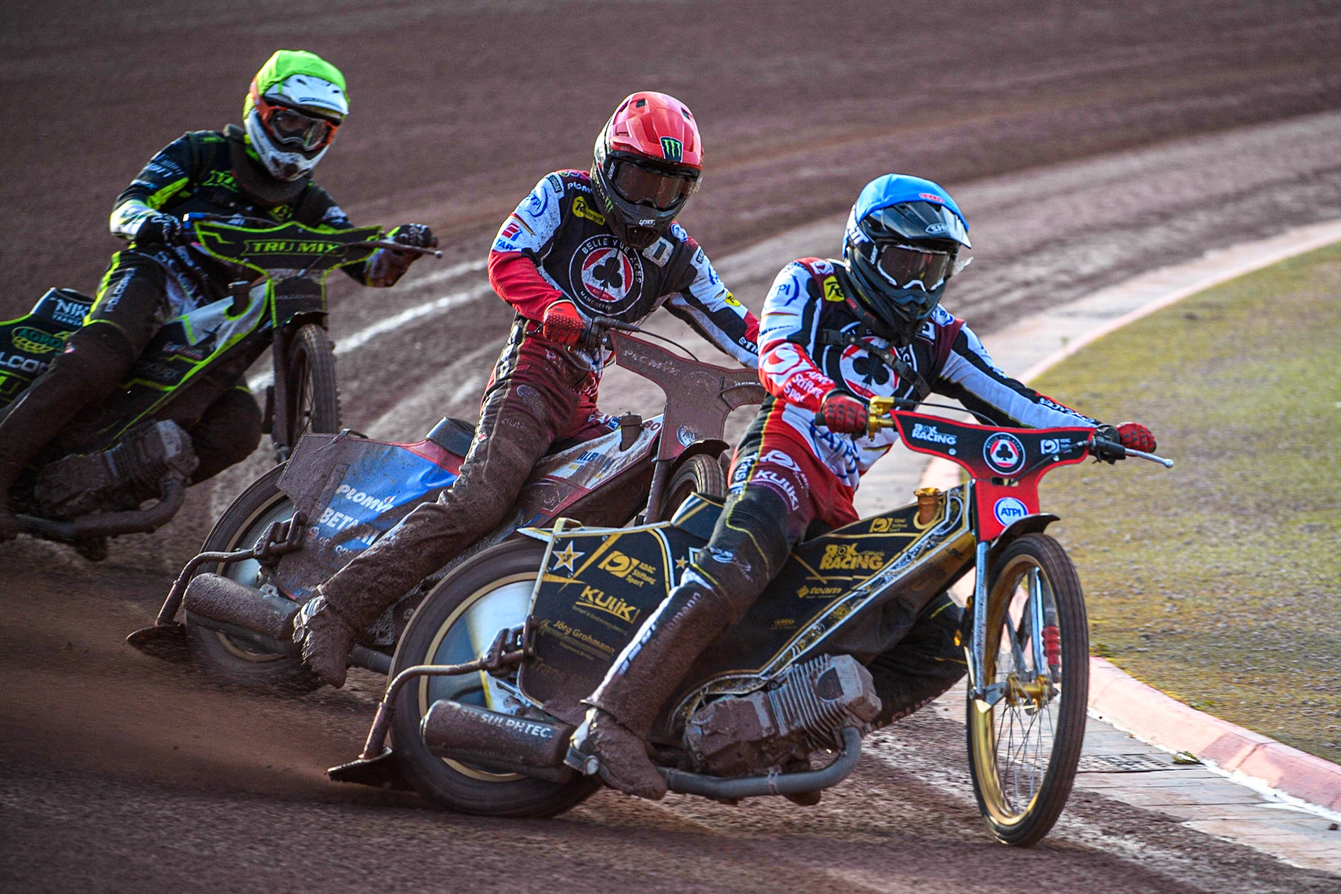 Norick Blodorn (Blue) leads Dan Bewley (Red) and Keynan Rew (Yellow) during the Sports Insure Premiership match between Belle Vue Aces and Ipswich Witches at the National Speedway Stadium, Manchester on Monday 17th July 2023. (Photo: Ian Charles | MI News)
