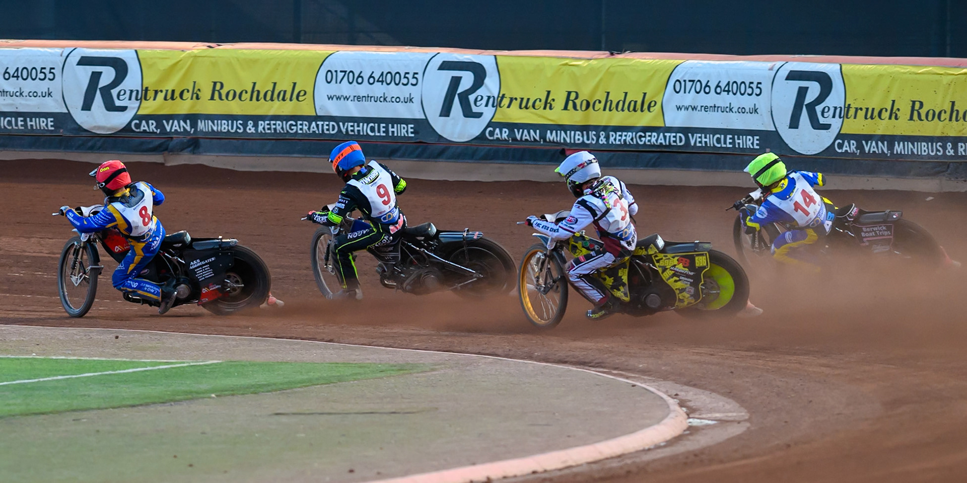 Dan Thompson (8) in Red leading Jason Edwards (9) in Blue Ace Pijper (3) in White  and Leon Flint (14) in Yellow during the Cab Direct British Speedway Championship Final at the National Speedway Stadium, Manchester on Saturday 15th August 2026. (Photo: Ian Charles | MI News)