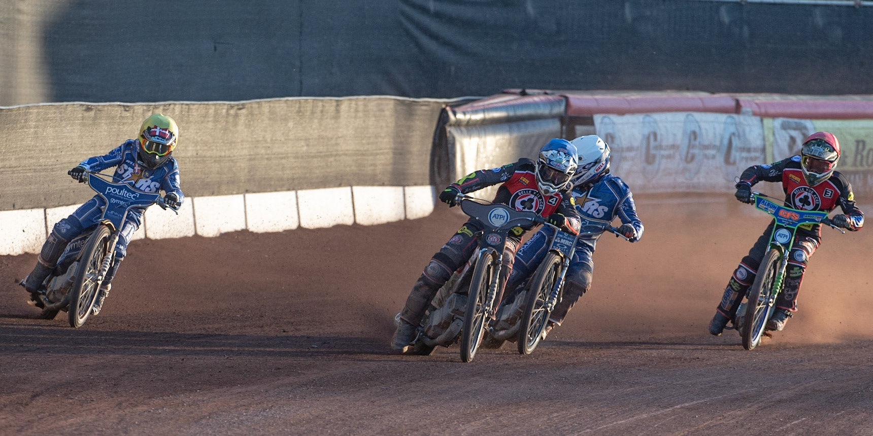 Photo: Ian Charles

(L - R) Michael Palm Toft  (Yellow), ​Steve Worrall​​ (Blue) Thomas Jorgensen  (White) and Dan Bewley  (Red)

Belle Vue Aces v Kings Lynn Stars, British Speedway Premiership, Belle Vue National Speedway Stadium, Manchester, Thursday 16  May  2019