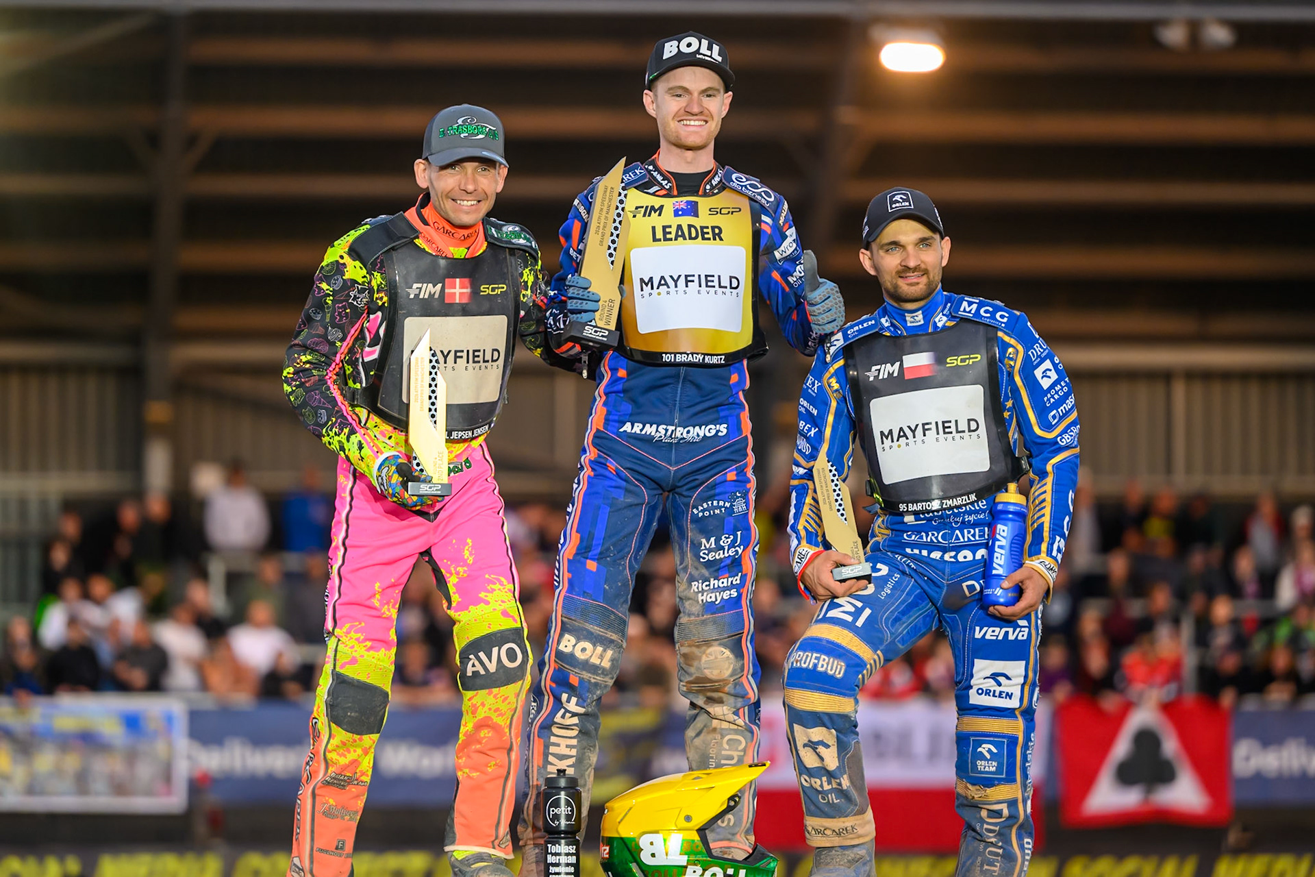 (L to R): Michael Jepsen Jensen (2nd), Brady Kurtz (Winner), Bartosz Zmarzlik (3rd)  during the ATPI  FIM Speedway GP of Manchester at the National Speedway Stadium, Manchester on Saturday 6th June 2026. (Photo: Ian Charles | MI News)