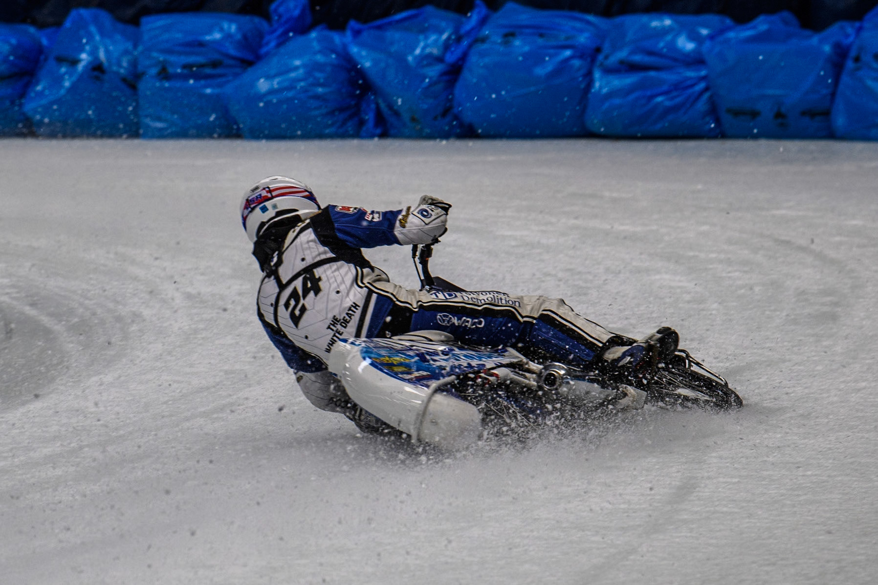 Max Koivula (24) of Finland in action during practice for  the Ice Speedway Gladiators World Championship Finals 1 &amp; 2 at Max-Aicher-Arena, Inzell on Friday 14th March 2025. (Photo: Ian Charles | MI News)