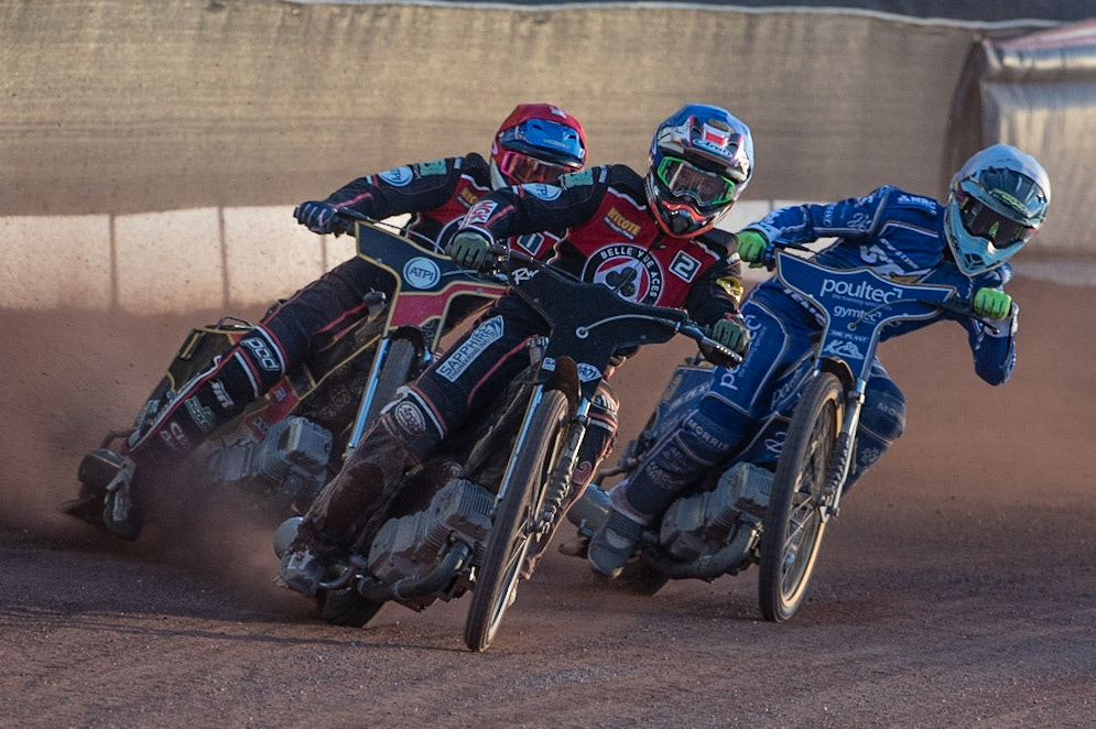 Photo: Ian Charles

​Ricky Wells​​  (Blue) leads ​Max Fricke (Red) and ​Ty Proctor  (White)

Belle Vue Aces v Kings Lynn Stars, British Speedway Premiership, Belle Vue National Speedway Stadium, Manchester, Thursday 16  May  2019