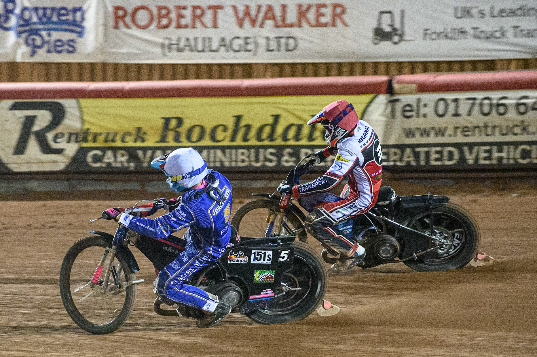 MANCHESTER, UK. SEPT 13TH  Thomas Jorgensen  (White) inside Steve Worrall  (Red) during the SGB Premiership match between Belle Vue Aces and King's Lynn Stars at the National Speedway Stadium, Manchester on Monday 13th September 2021. (Credit: Ian Charles | MI News)