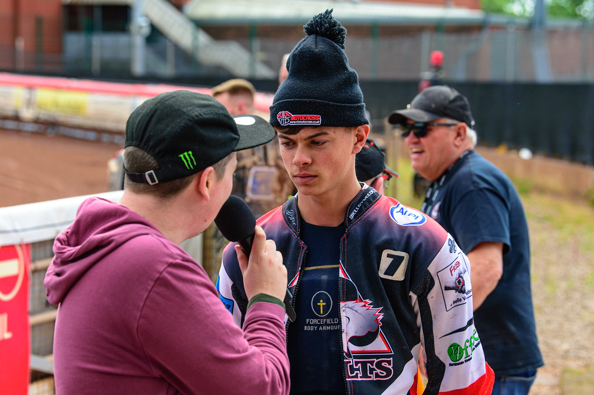 MANCHESTER, UK.  JUN 3RD  Freddy Hodder (right) gives an interview to pits reporter Lee Wild during the National Development League match between Belle Vue Colts and Oxford Chargers at the National Speedway Stadium, Manchester on Friday 3rd June 2022. (Credit: Ian Charles | MI News)