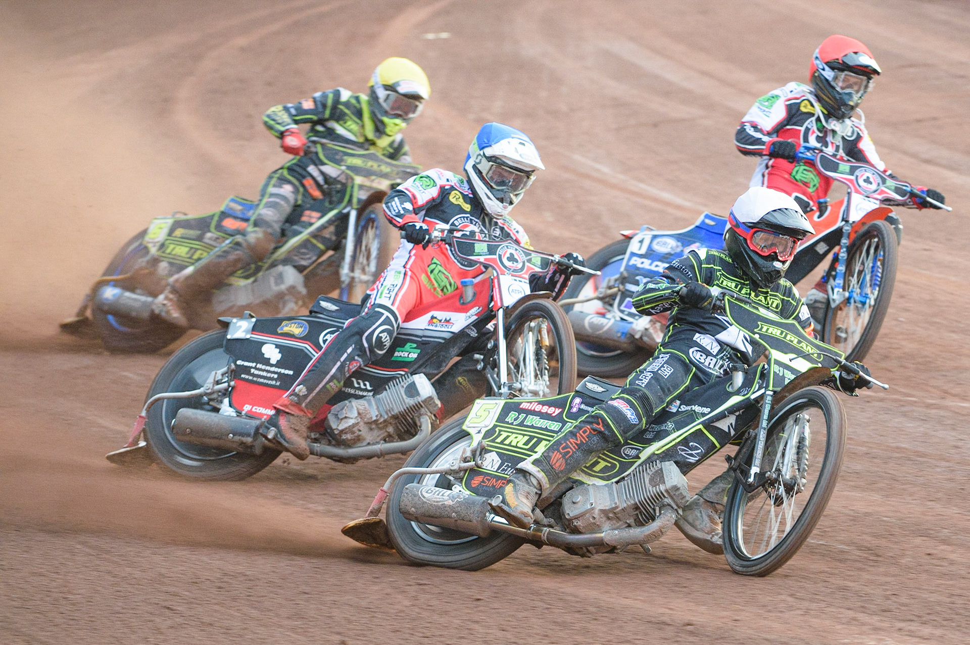 MANCHESTER, UK. JUNE 7TH   Danny King  (White) leads Richie Worrall  (Blue) Brady Kurtz  (Red) and Anders Rowe (Yellow) during the SGB Premiership match between Belle Vue Aces and Ipswich Witches at the National Speedway Stadium, Manchester on Monday 7th June 2021. (Credit: Ian Charles | MI News)