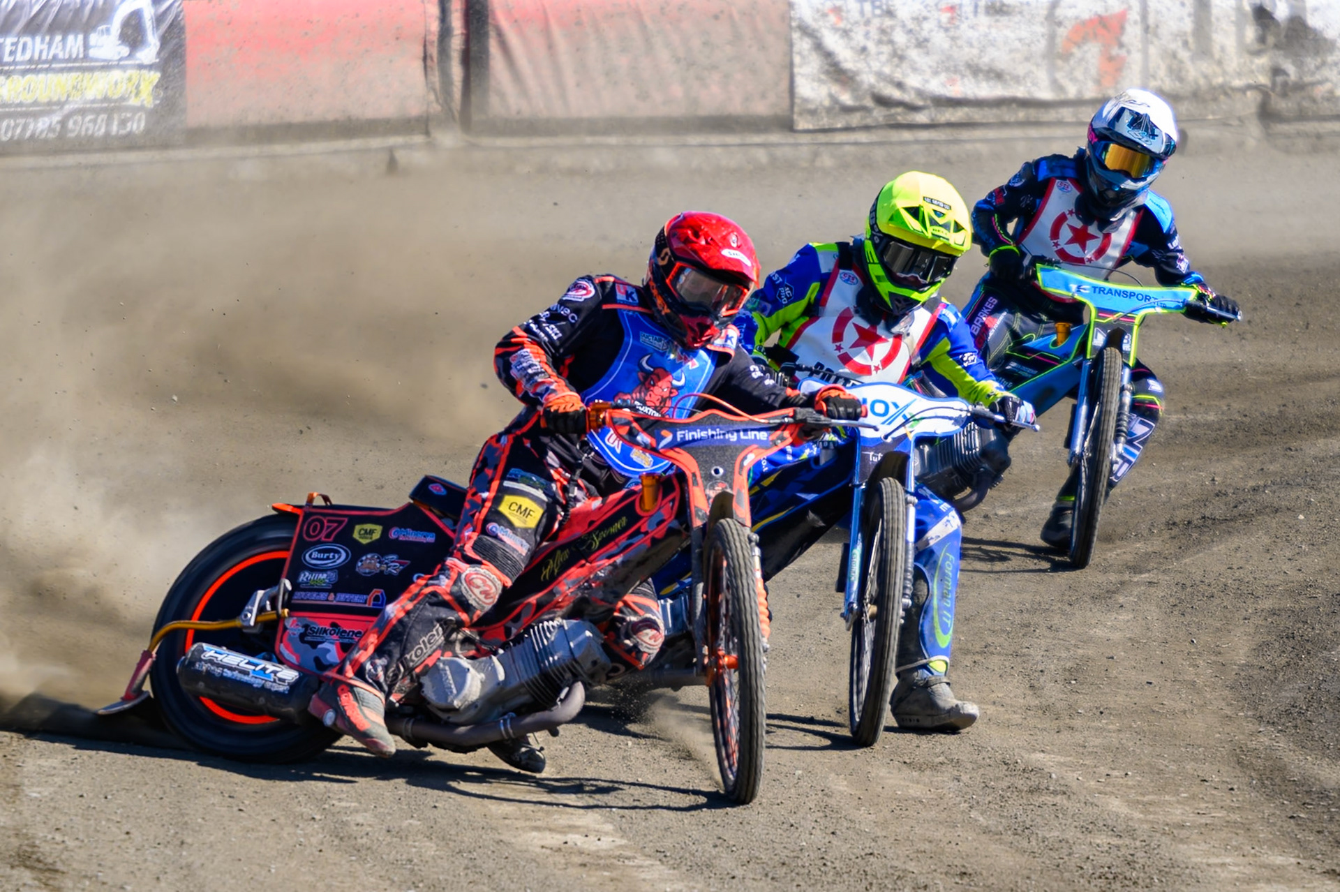 Alex Spooner guest rider for Buxton Bulls  in Red leading Will Boraston of Stoke Potters  in Yellow and Eli Meadows of Stoke Potters  in White during the National Development League Challenge match between Buxton Bulls and Stoke Potters at Hi-Edge Speedway, Buxton on Sunday 24th May 2026. (Photo: Ian Charles | MI News)