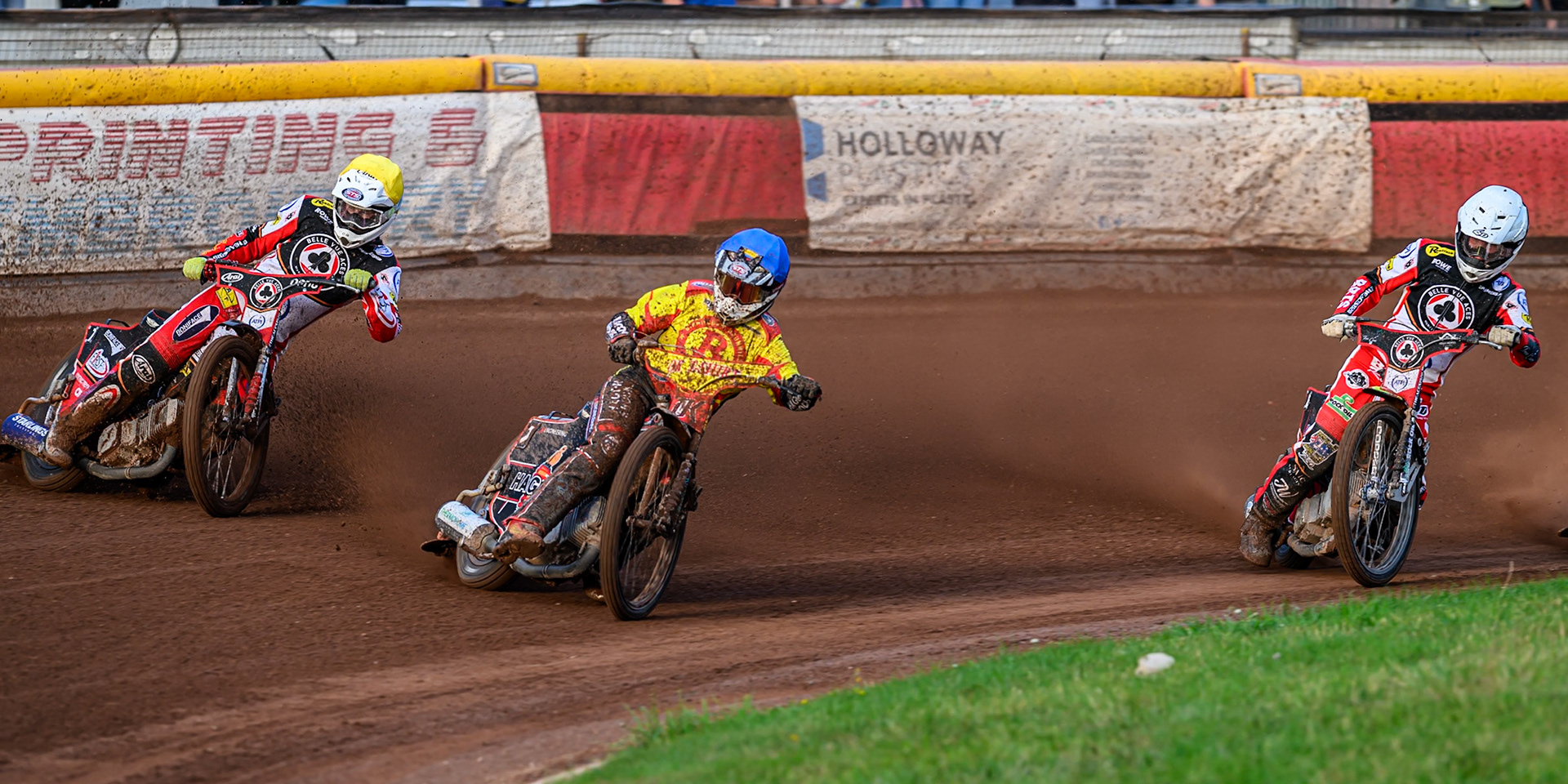 Birmingham Brummies' Sam Hagon  in Blue leading Belle Vue Aces' Tate Zischke  in White and Belle Vue Aces' Jake Mulford in Yellow during the Rowe Motor Oil Premiership match between Birmingham Brummies and Belle Vue Aces at Perry Barr Stadium, Birmingham on Monday 28th July 2025. (Photo: Ian Charles | MI News)