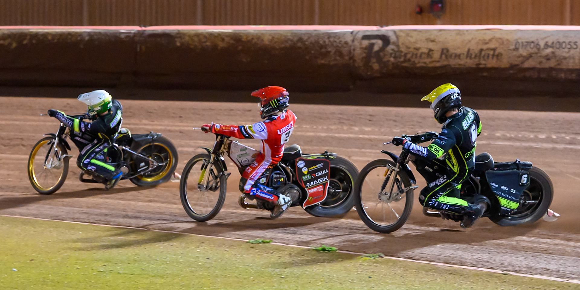 Jason Doyle of Ipswich Witches  in White leading Jaimon Lidsey of Belle Vue Aces  in Red and Adam Ellis of Ipswich Witches  in Yellow during the Rowe Motor Oil Premiership Play Off Semi Final 1 (1st Leg)  between Belle Vue Aces and Ipswich Witches at the National Speedway Stadium, Manchester on Monday 8th September 2025. (Photo: Ian Charles | MI News)