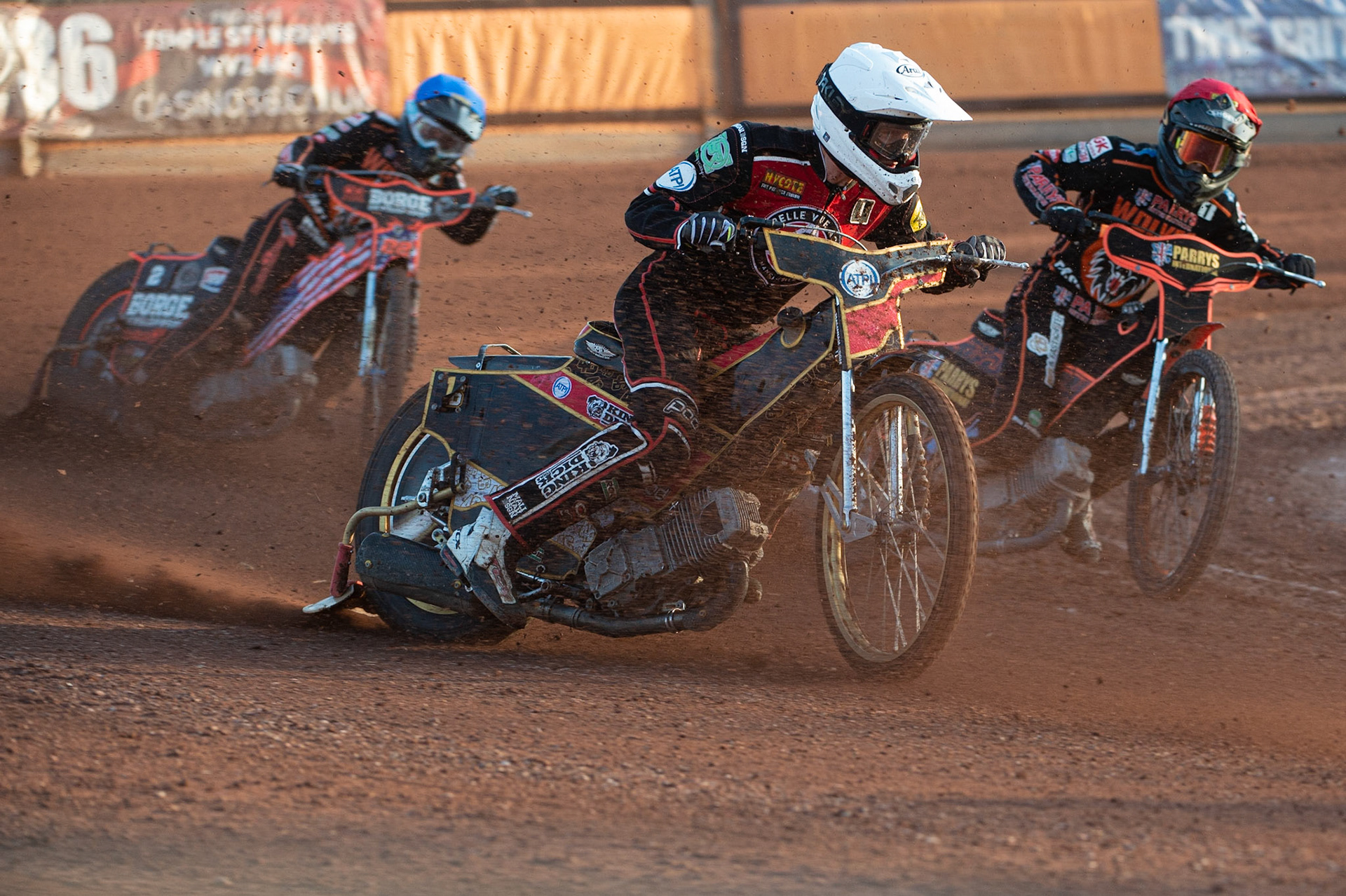 Photo by Ian Charles:

Max Fricke  (White) leads Jacob Thorssell  (Red) and Luke Becker (Yellow)

Wolverhampton Wolves v Belle Vue Aces, British Speedway Premiership 5 August 2019