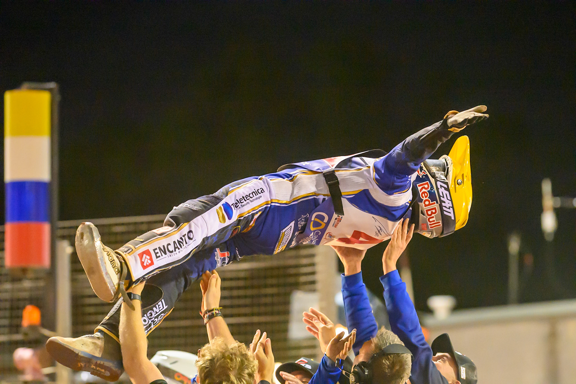 Robert Lambert (4)  gets the bumps after his winning the British Championship during the Cab Direct British Speedway Championship Final at the National Speedway Stadium, Manchester on Saturday 15th August 2026. (Photo: Ian Charles | MI News)