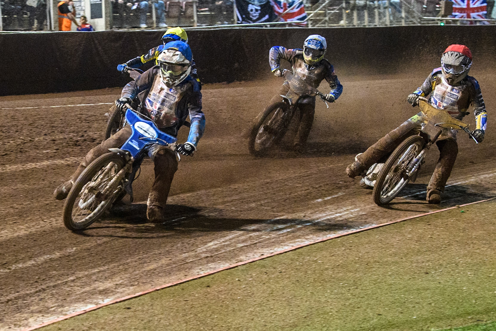 Richard Lawson (Blue) leads the Semi Final ahead of Adam Ellis (Yellow), Chris Harris (White) and Ben Barker (Red) during the Sports Insure British Speedway Final at the National Speedway Stadium, Manchester on Monday 14th August 2023. (Photo: Ian Charles | MI News)