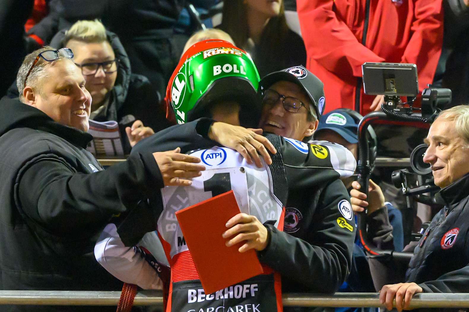 Brady Kurtz of Belle Vue Aces   and Mark Lemon, Team Manager of Belle Vue Aces  celebrate the Aces winning the Grand Final during the Rowe Motor Oil Premiership Grand Final 2nd Leg between Belle Vue Aces and Sheffield Tigers at the National Speedway Stadium, Manchester on Friday 16th October 2026. (Photo: Ian Charles | MI News)