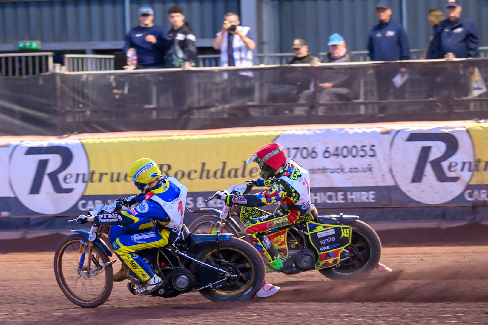Anders Rowe (1) in Yellow on the inside of Will Cairns (7) in Red  during the Cab Direct British Speedway Championship Final at the National Speedway Stadium, Manchester on Saturday 15th August 2026. (Photo: Ian Charles | MI News)